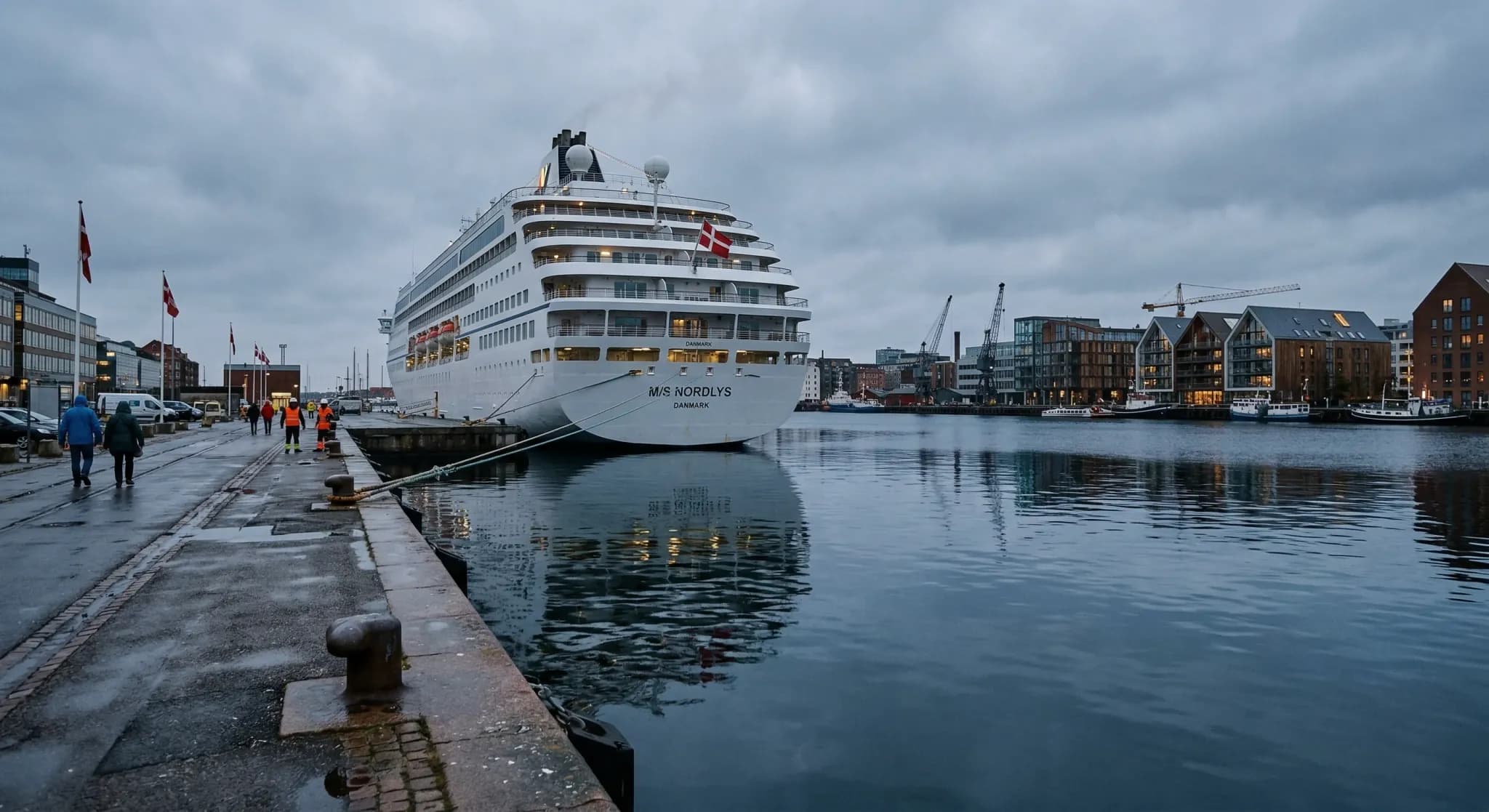 A photorealistic wide-angle shot of a white coastal cruise ship docked in a Danish harbor under an overcast, soft northern light. The ship is reflected in the calm, dark blue water of the port, with s