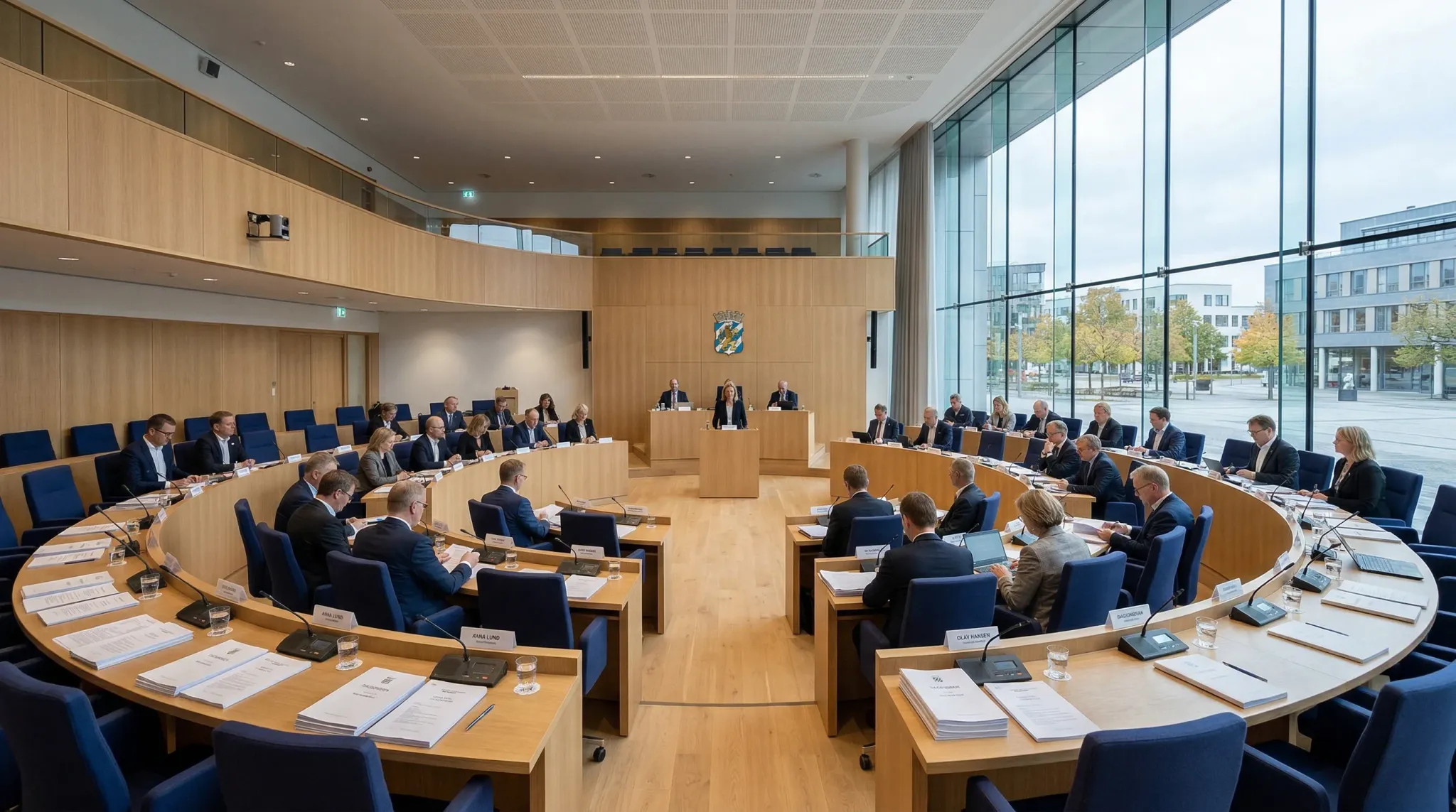 A wide-angle, photorealistic shot of a modern Scandinavian-style municipal council chamber. The room features sleek light-oak desks arranged in a semi-circle, navy blue upholstered chairs, and large w