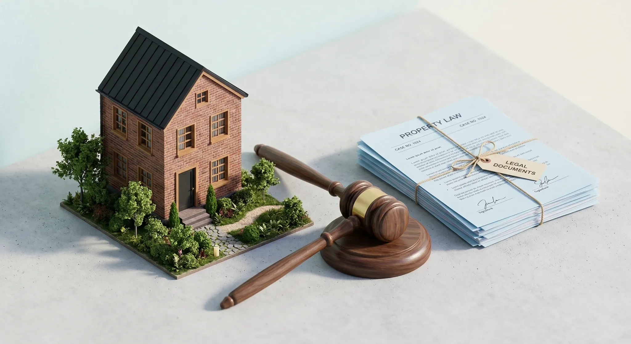 An isometric 3D scene featuring a stylized miniature model of a contemporary brick house next to a judicial gavel and a stack of blue-tinted official documents. The composition is set on a clean, ligh