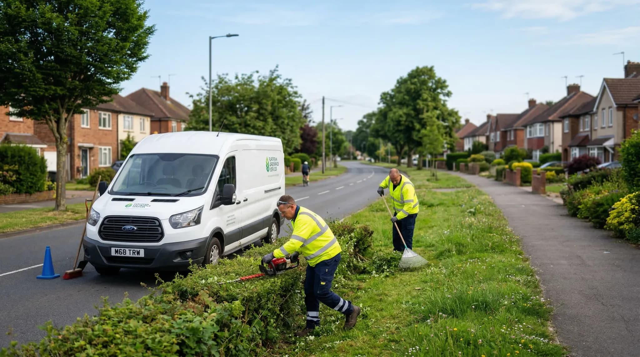 A wide-angle photorealistic shot of a clean white service van parked on the side of a quiet suburban European road. Two workers wearing bright yellow high-visibility safety jackets are maintaining a g