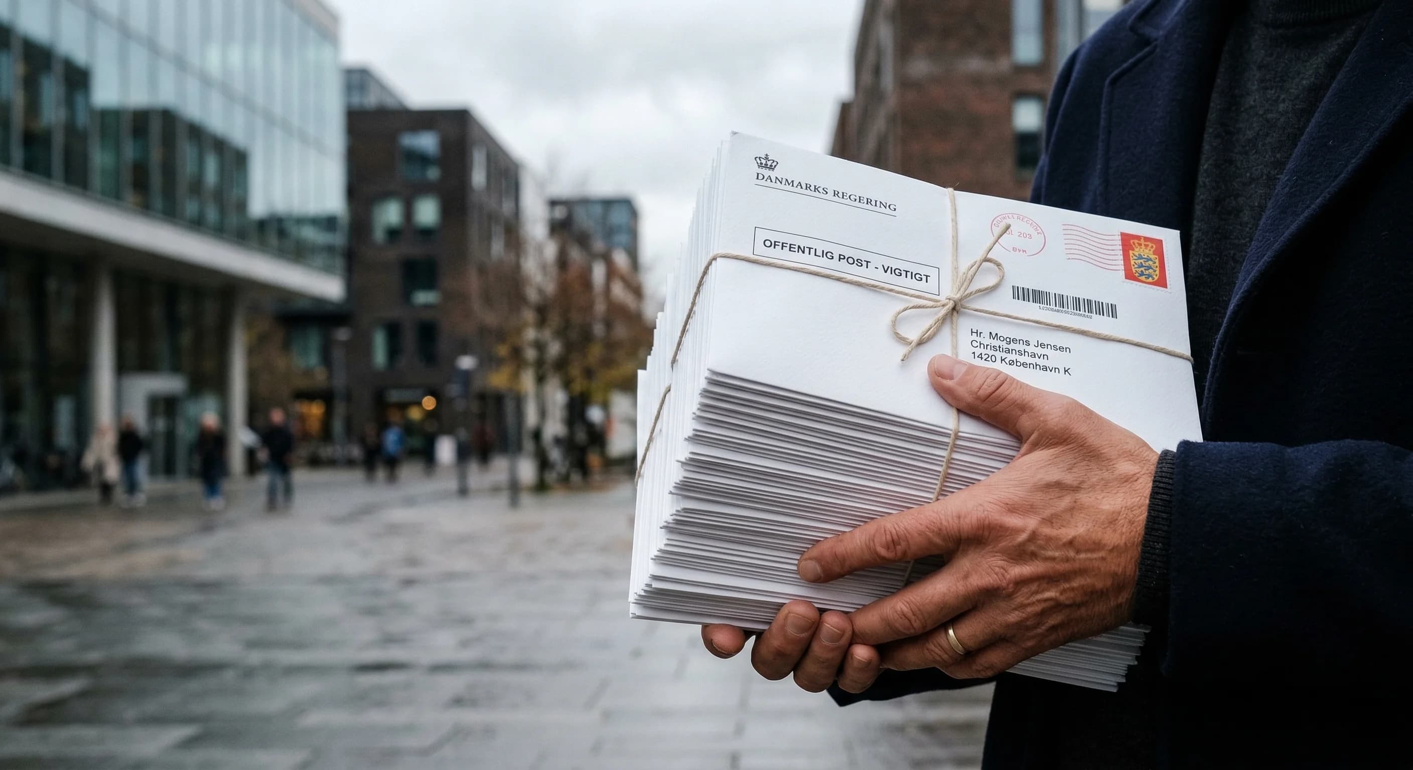 A close-up, photorealistic shot of a person's hands holding a stack of thick, high-quality white envelopes against the backdrop of a modern Northern European urban environment. The lighting is soft an