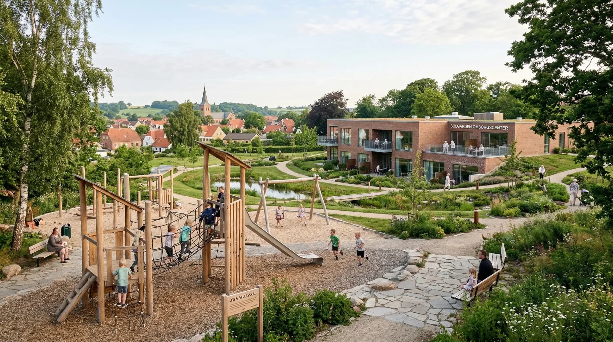 A wide-angle photorealistic scene of a modern Northern European playground and park integrated into a small-town landscape. The foreground shows clean wooden climbing structures for children, while th