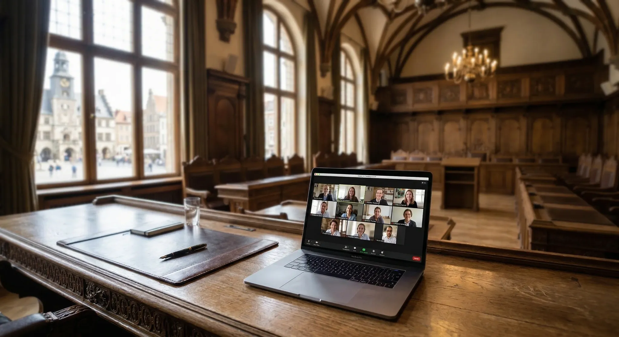 A high-end laptop sits open on a heavy oak desk inside a traditional European council chamber with large windows and high ceilings. The screen displays a professional video conferencing interface with
