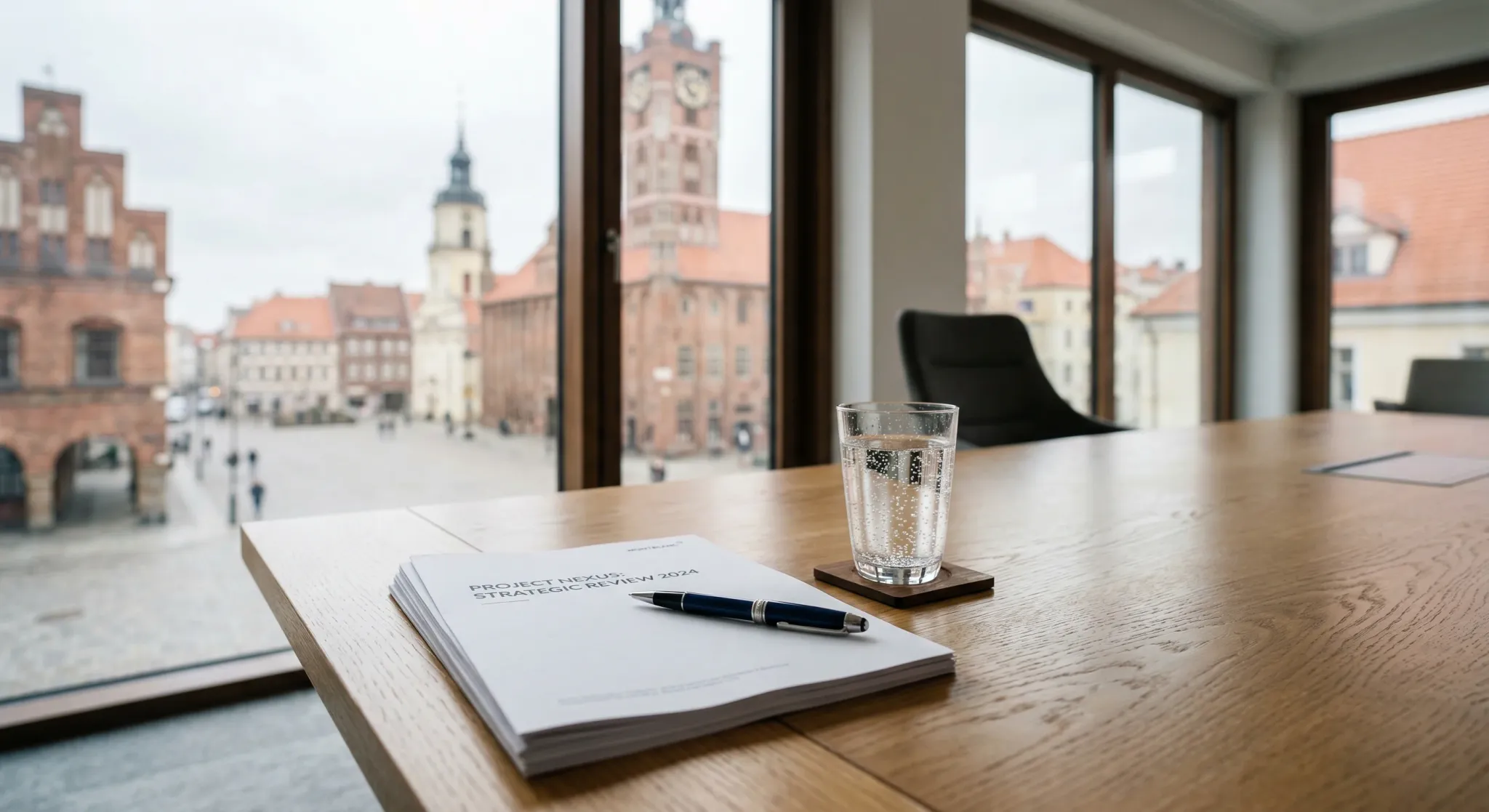 A close-up photograph of a polished oak conference table in a bright, modern meeting room. On the table sits a stack of white documents with a professional pen resting on top, next to a glass of spark