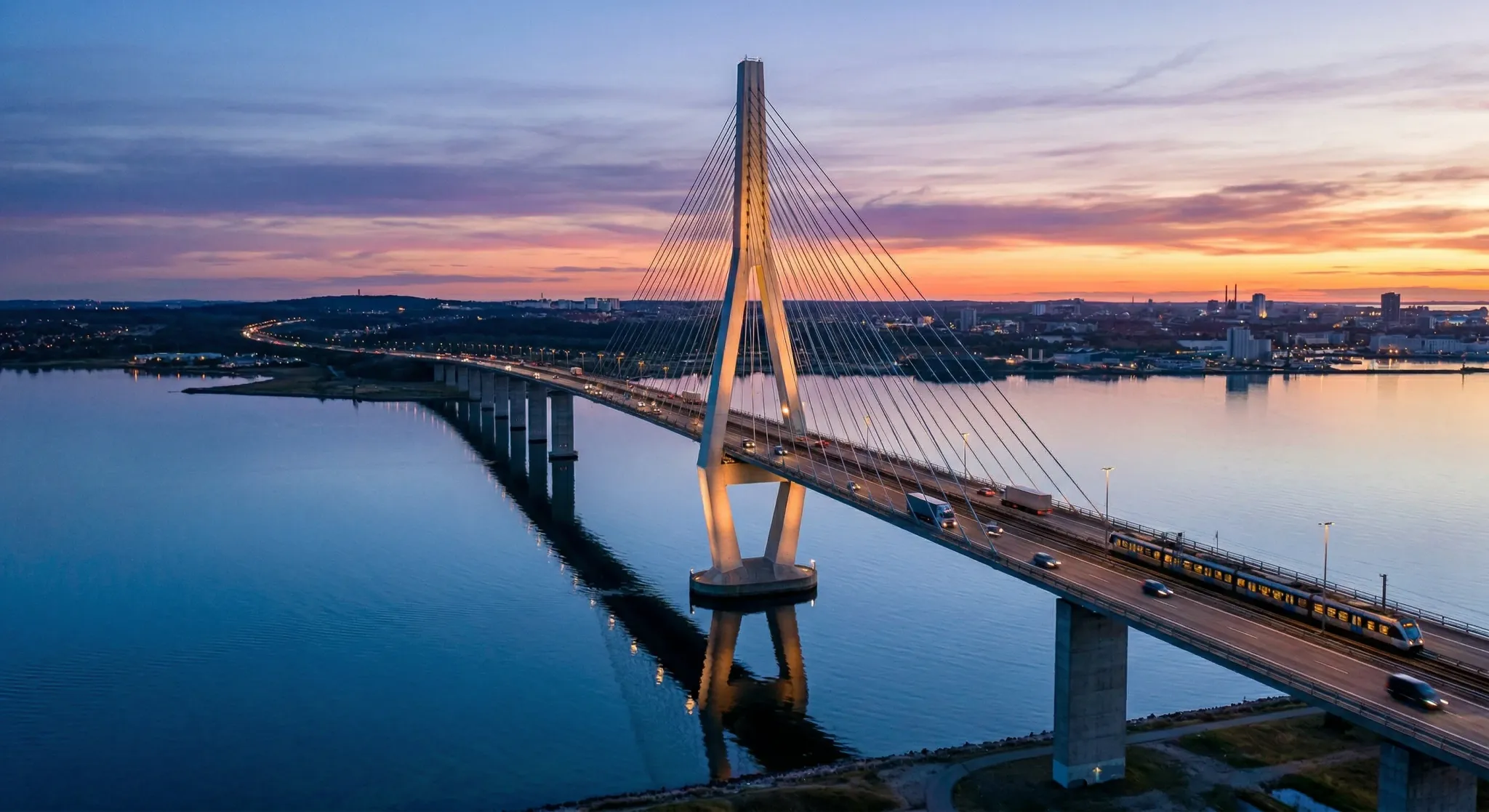 A wide-angle photorealistic shot of a massive modern cable-stayed bridge stretching across a calm blue strait at dusk. The central white pylon towers 102 meters high, catching the warm glow of the set