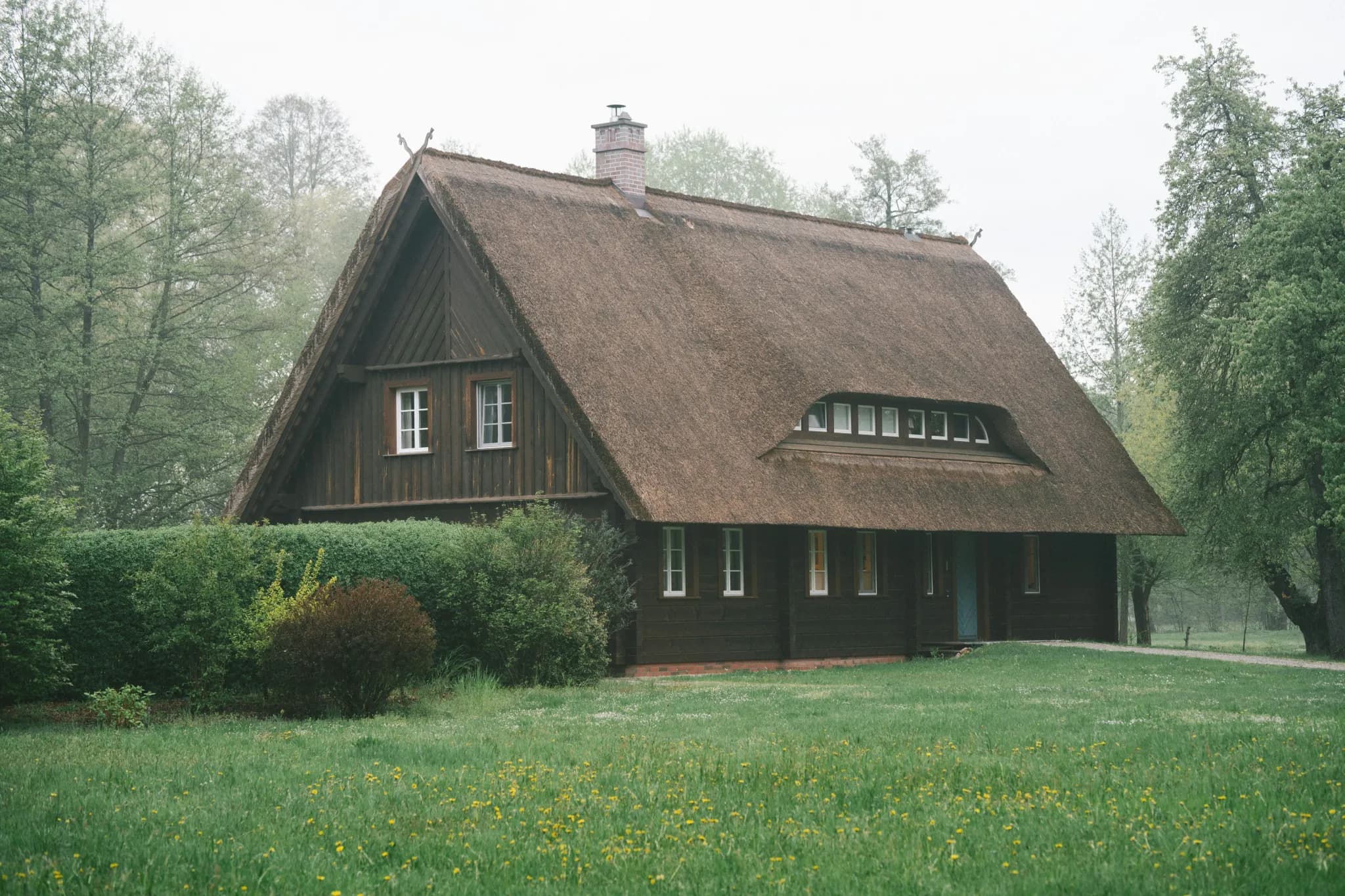 Wooden house with a thatched roof surrounded by trees.