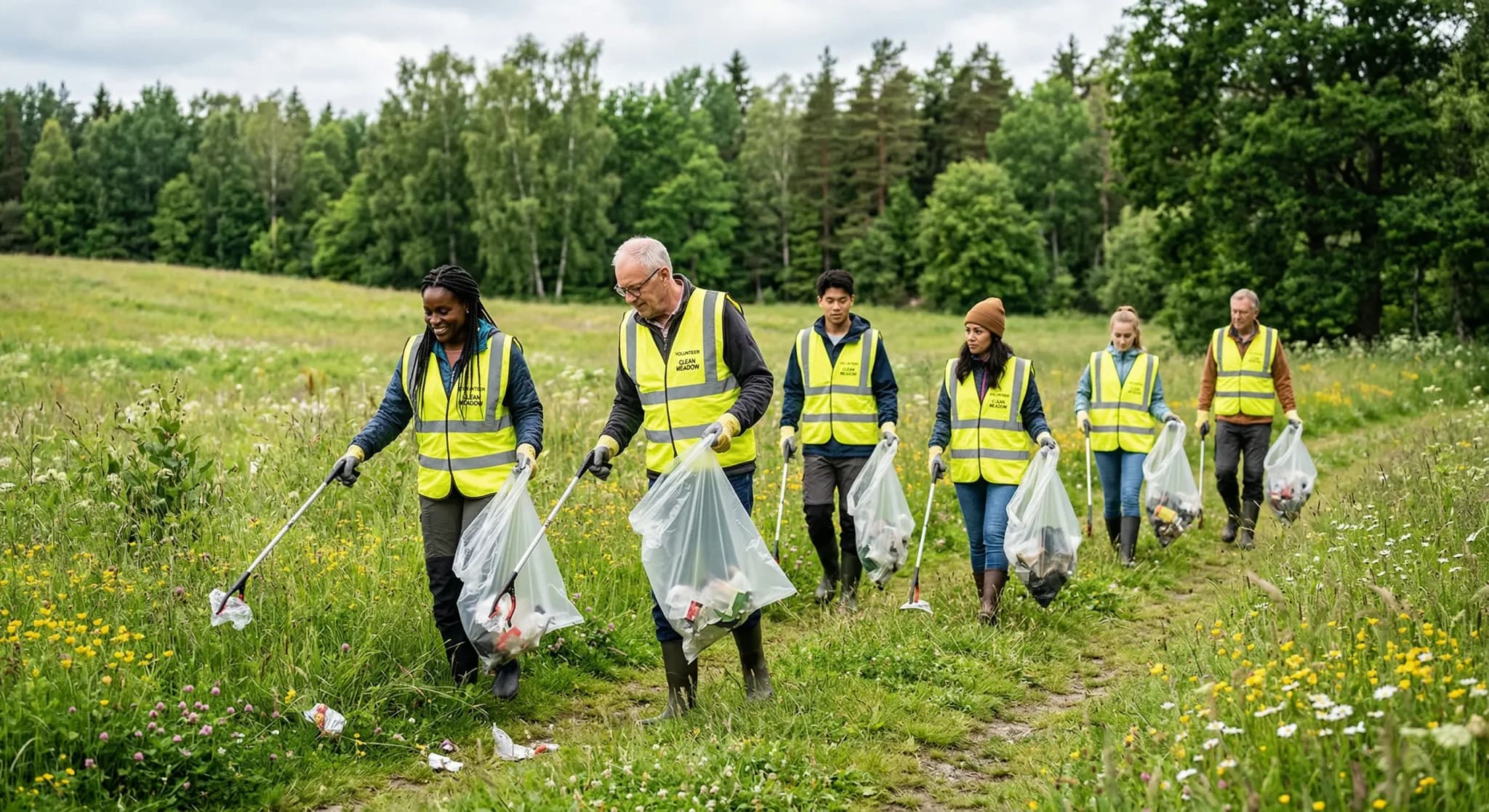 A wide-angle, photorealistic shot of a group of diverse volunteers wearing bright yellow safety vests while walking through a lush Northern European meadow. They are using litter grabbers to pick up s
