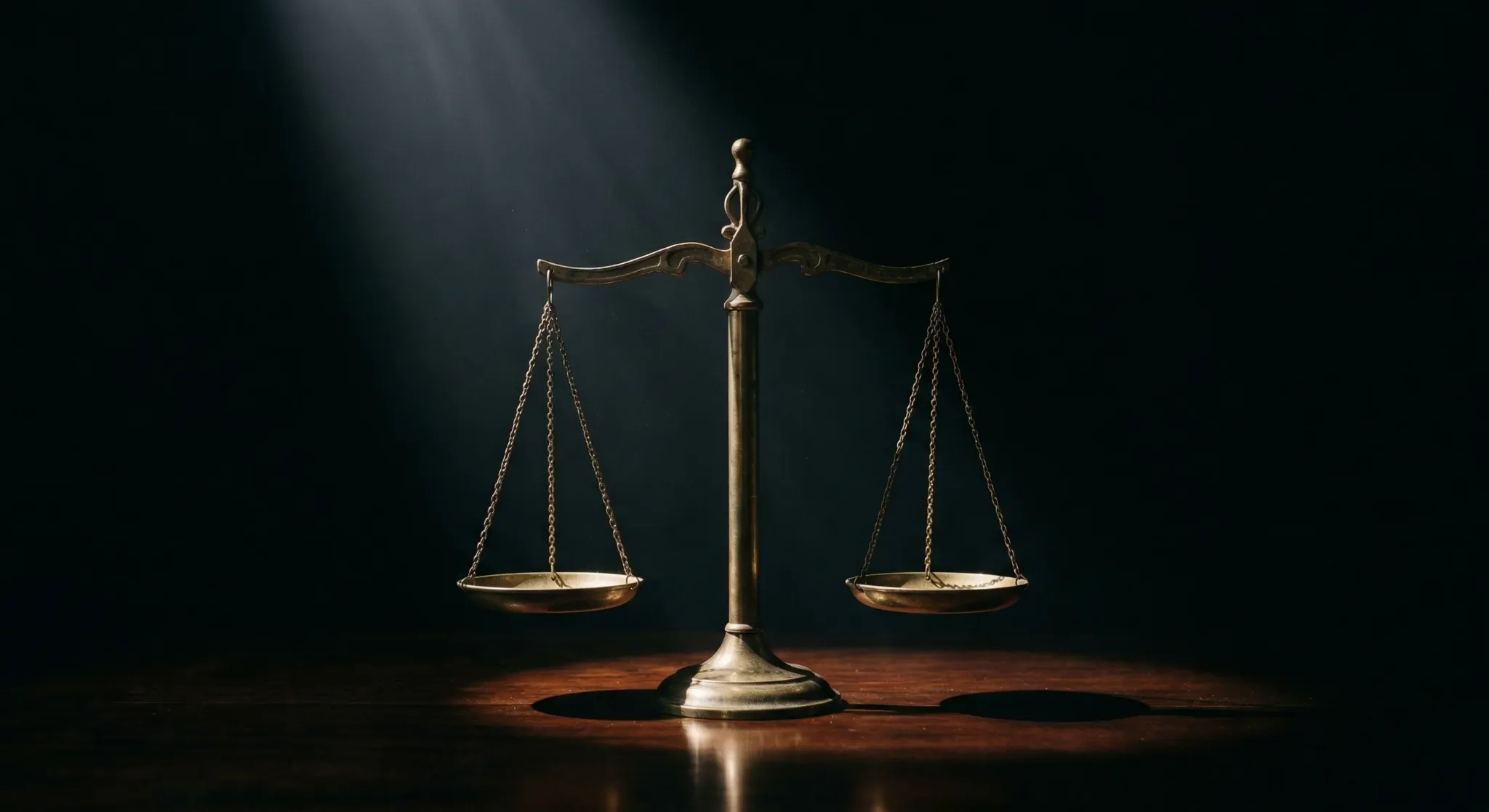 A conceptual minimalist composition featuring a set of vintage brass scales of justice perfectly balanced on a dark, polished mahogany table. The background is a soft-focus library of old leather-boun
