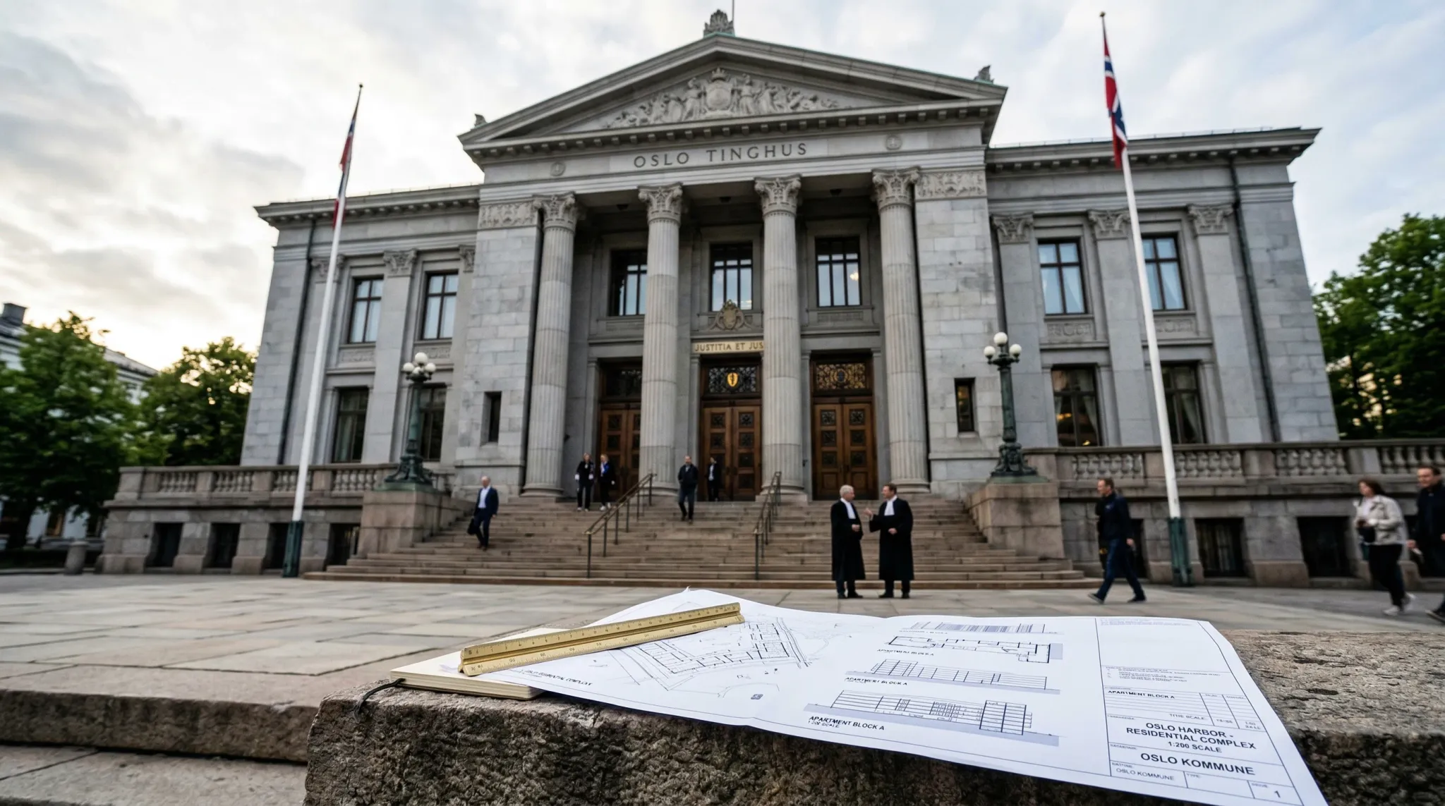 A wide-angle shot of a grand neoclassical European courthouse with heavy oak doors and stone steps, captured in soft morning light with a shallow depth of field. In the foreground, a crisp architectur