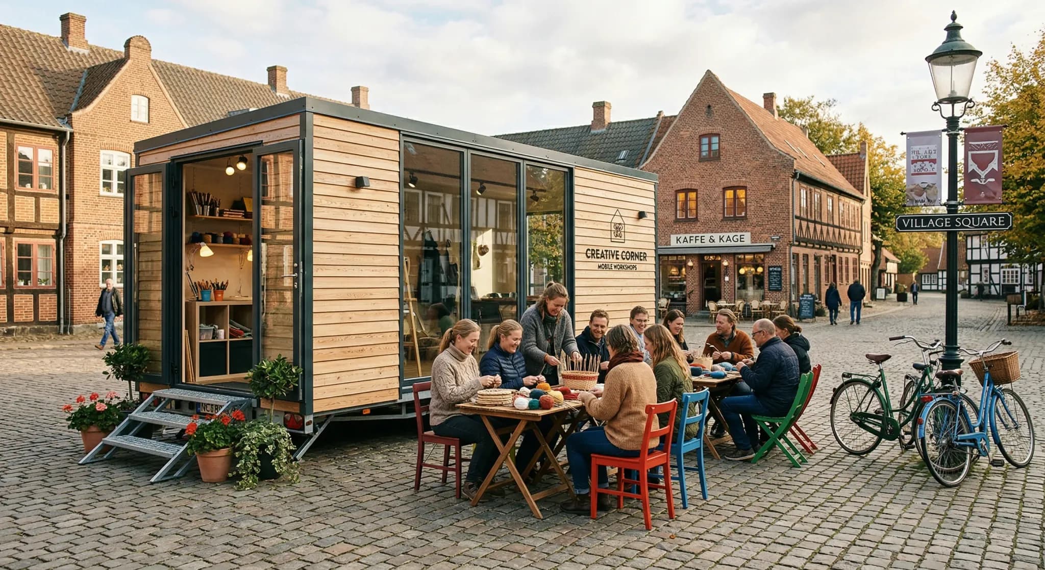 A modern mobile activity trailer with natural wood cladding and large glass windows, parked in a charming cobblestone village square in Northern Europe. Colorful folding chairs and small tables are se