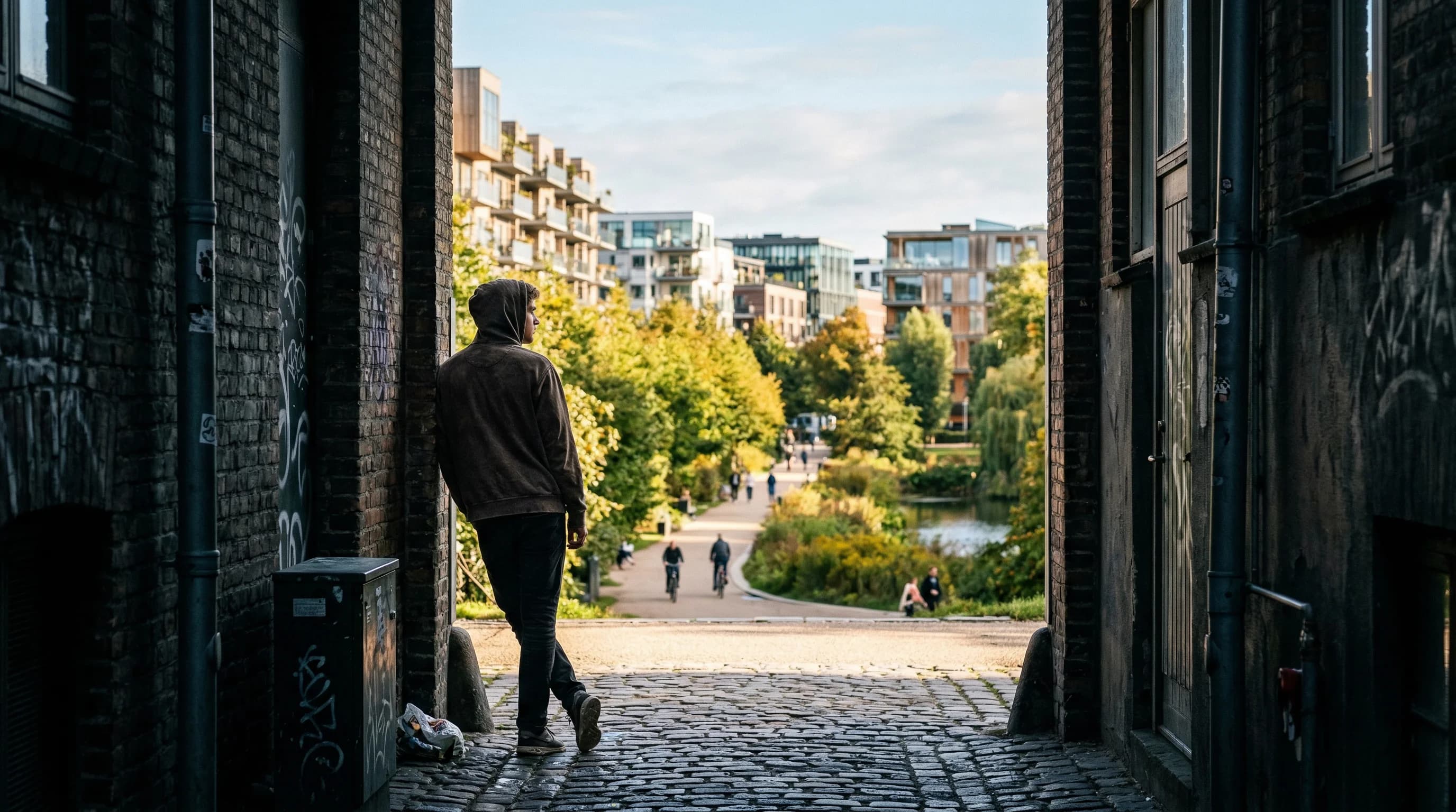 A photorealistic wide-angle shot of a young man in a dark hoodie standing at the edge of a shadow-filled urban alleyway, looking out toward a bright, sunlit city park in Northern Europe. The lighting