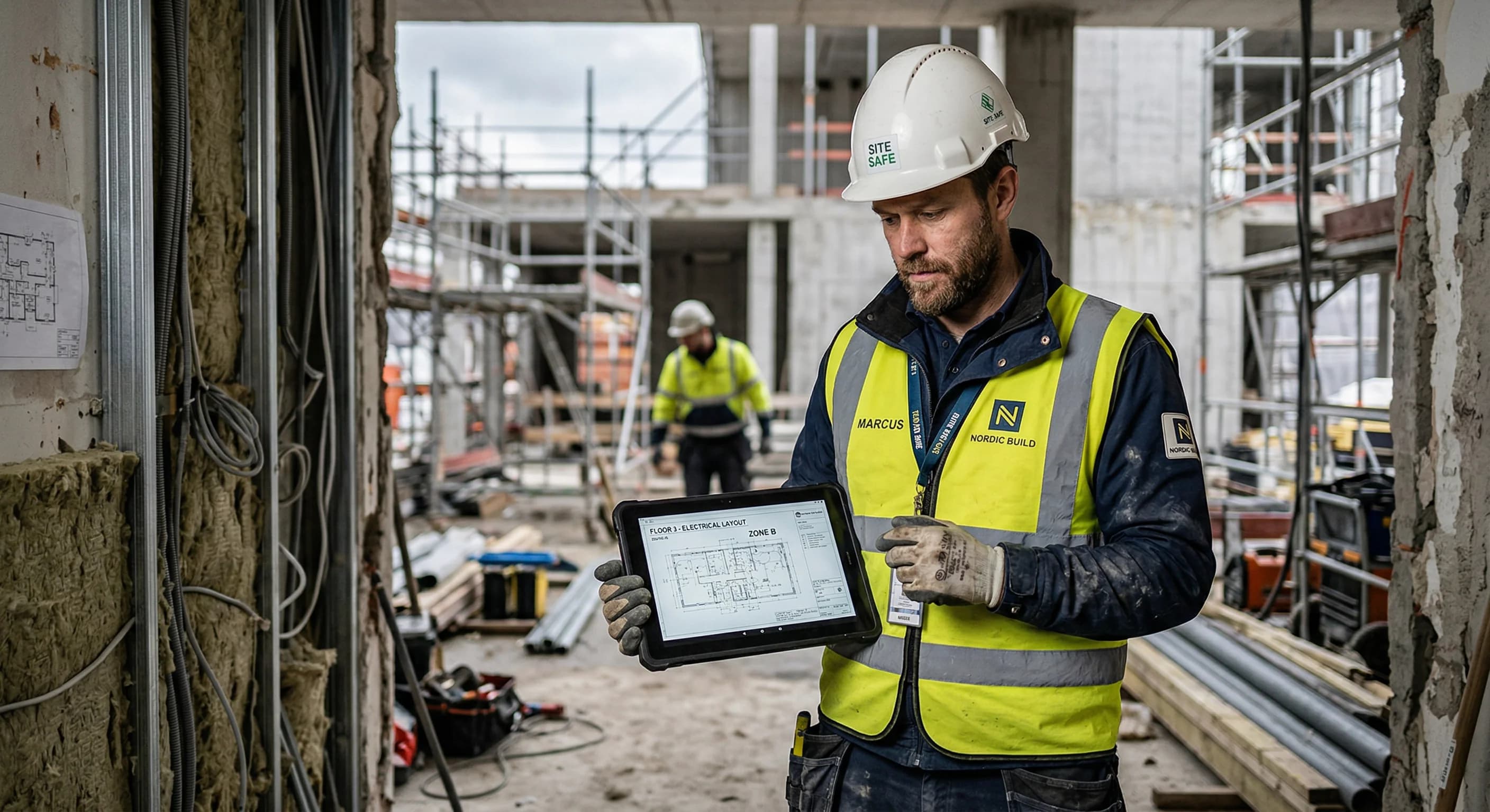 Bygningsarbejder tjekker asbestprøver via QR-kode på byggeplads.