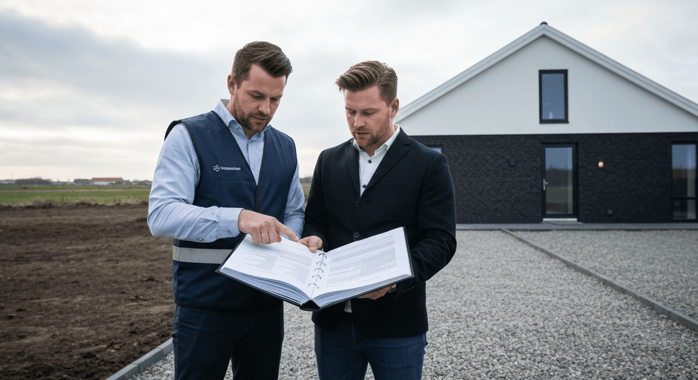 Boligkøbere gennemgår tilstandsrapport med en bygningssagkyndig foran et parcelhus