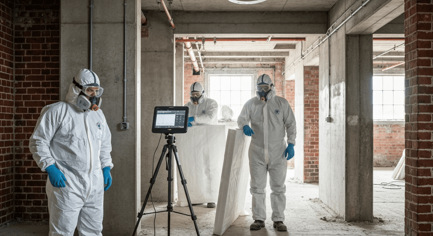 Håndværkere i beskyttelsesdragter udfører asbestsanering på en byggeplads.