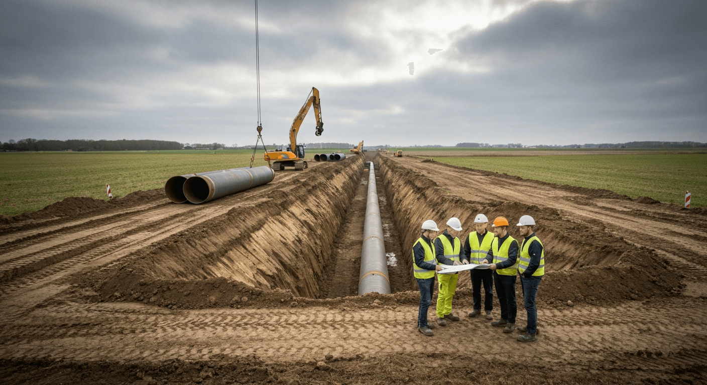 Moderne energianlæg med rørføring til brintinfrastruktur i et åbent landskab.
