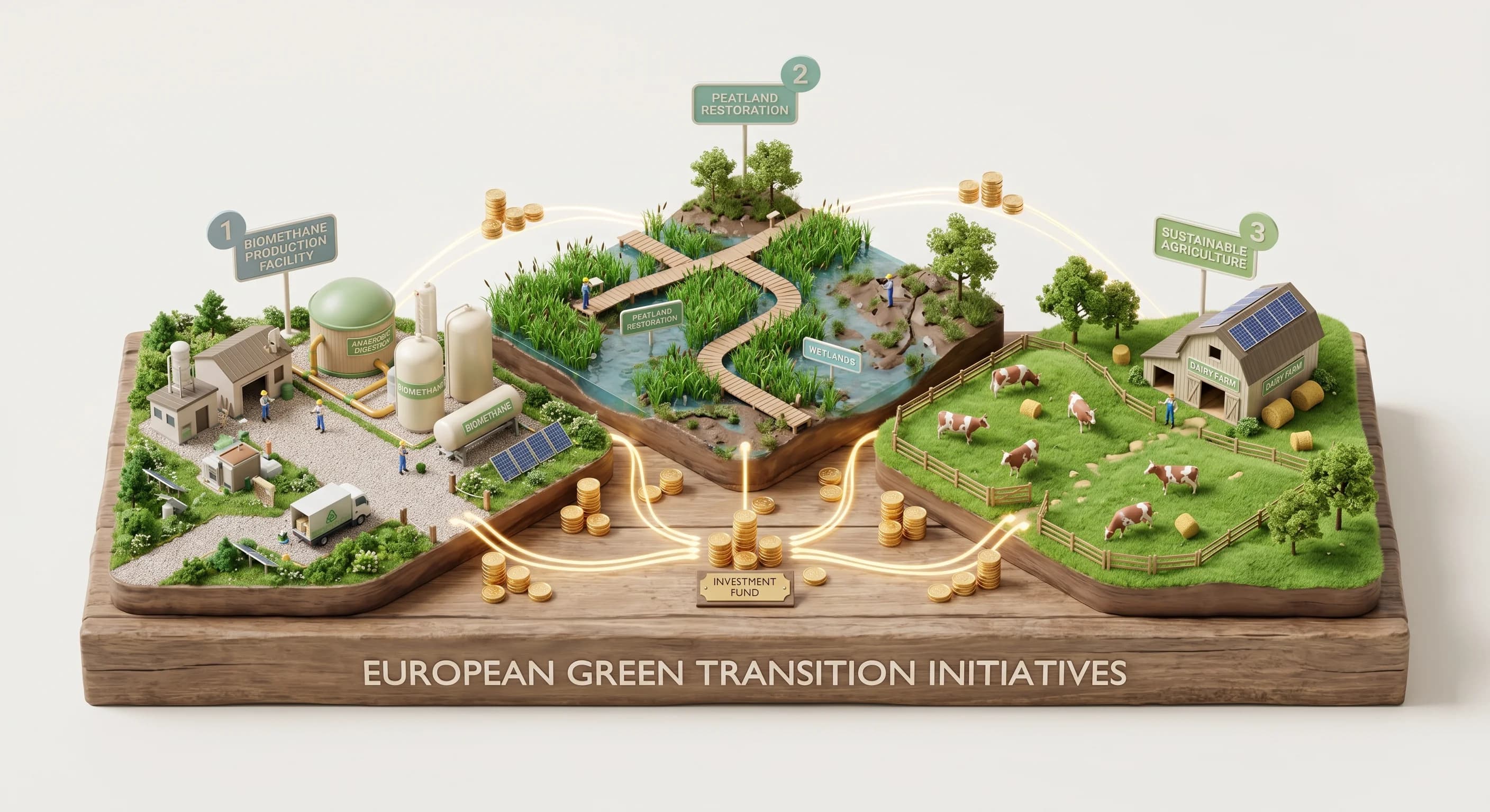 A wide-angle, photorealistic landscape shot of a modern, sustainable agricultural and green energy facility nestled in a flat, lush green European countryside. In the foreground, rich wetland fields a