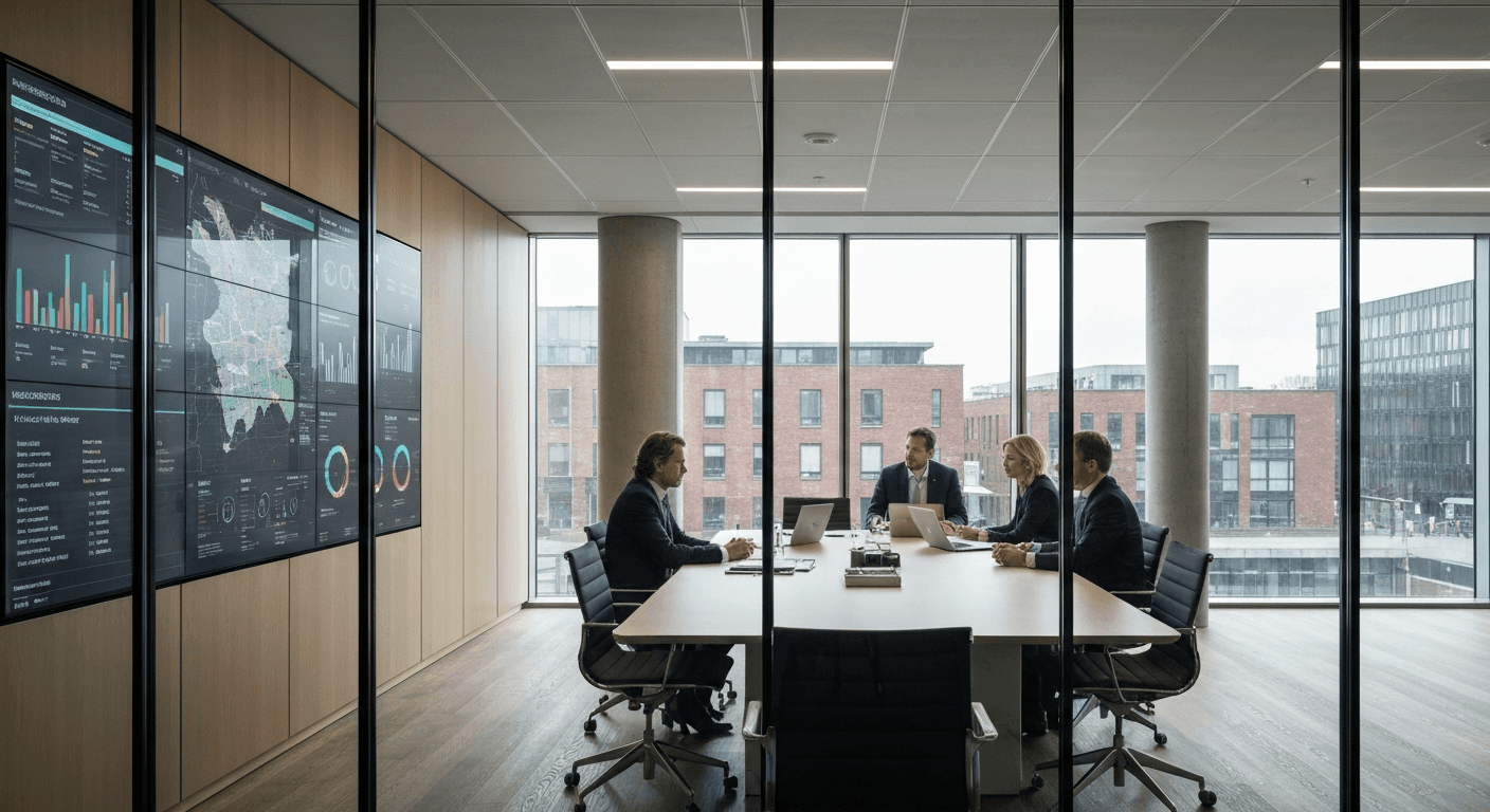 Finansielle rapporter og ESG-strategier på et mødebord i et bestyrelseslokale
