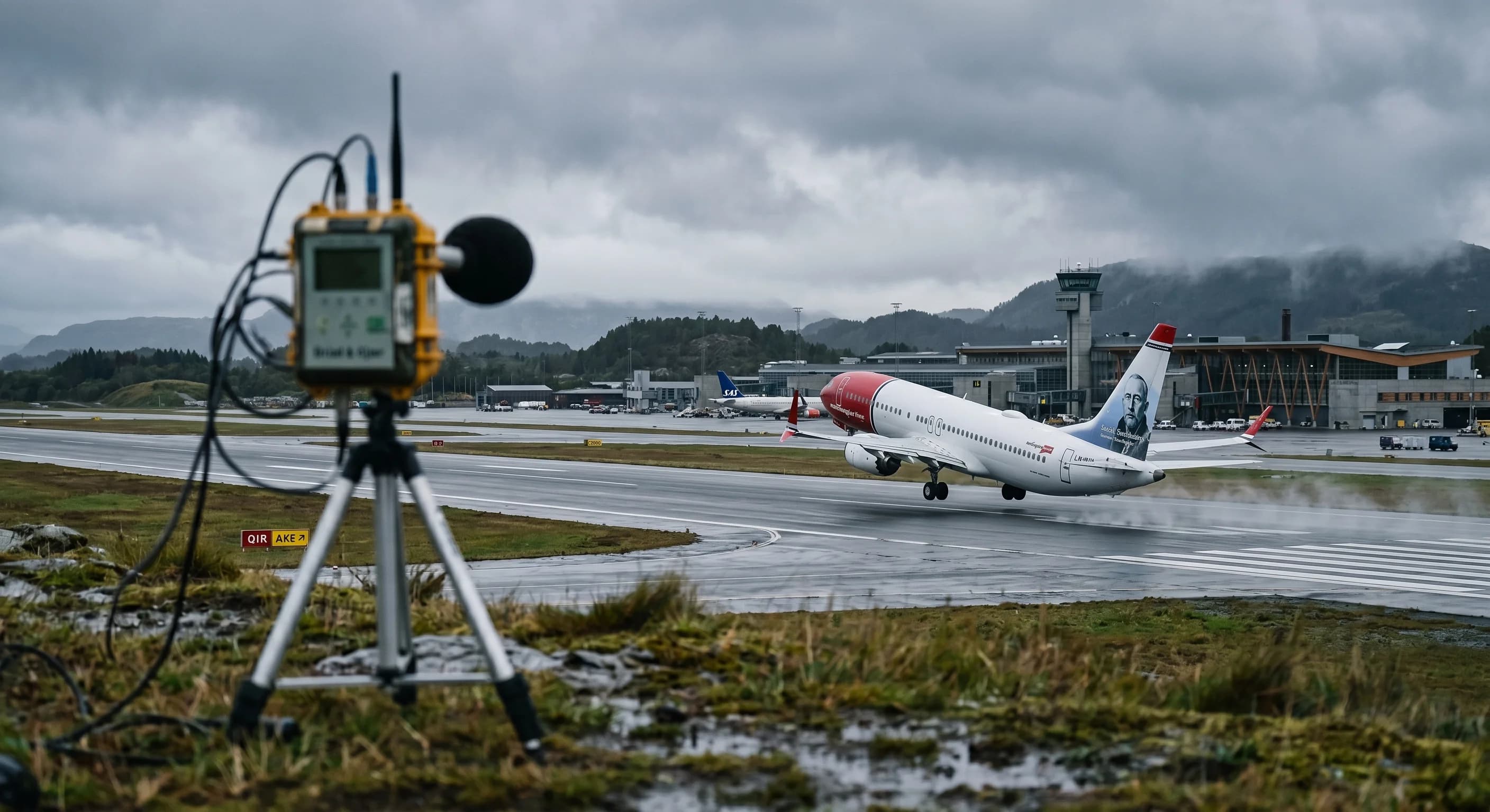 Passagerfly lander i lufthavn ved solnedgang.