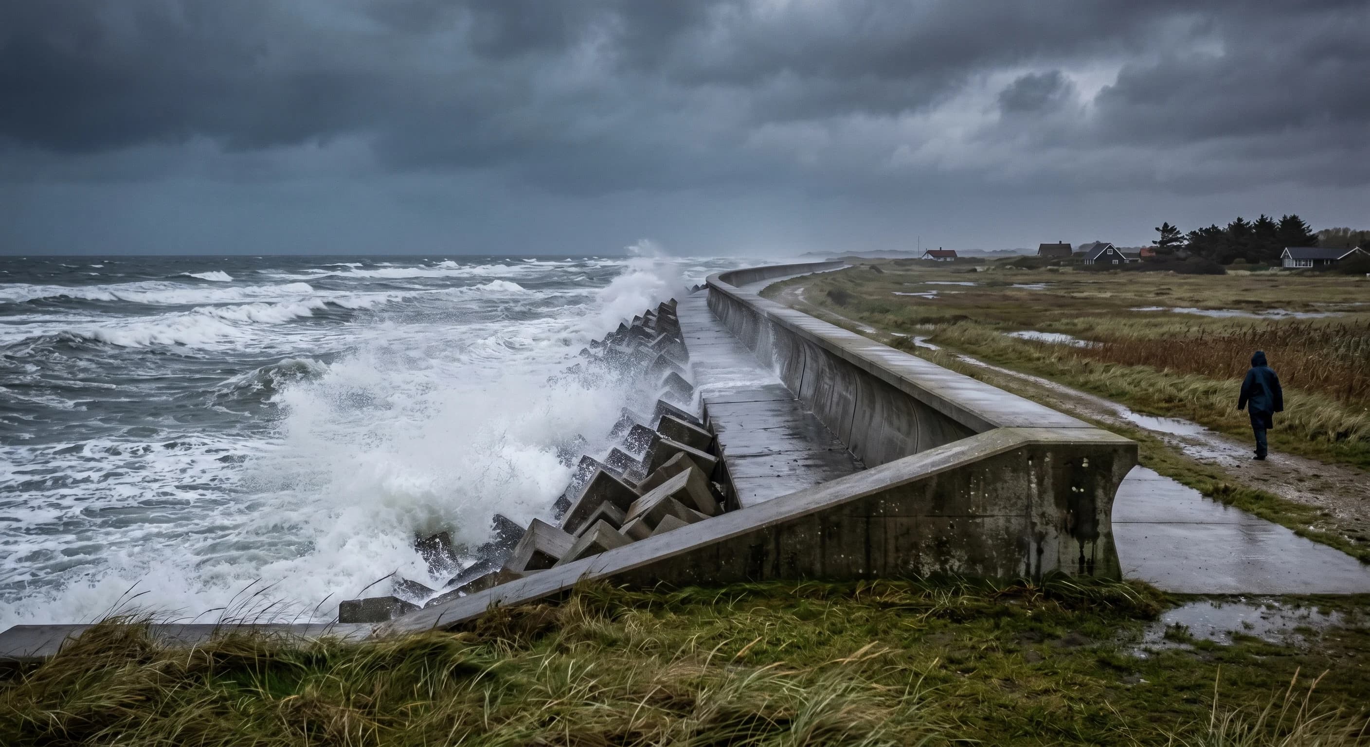 Dansk kystlinje beskyttet af stensætning mod stigende havvand.