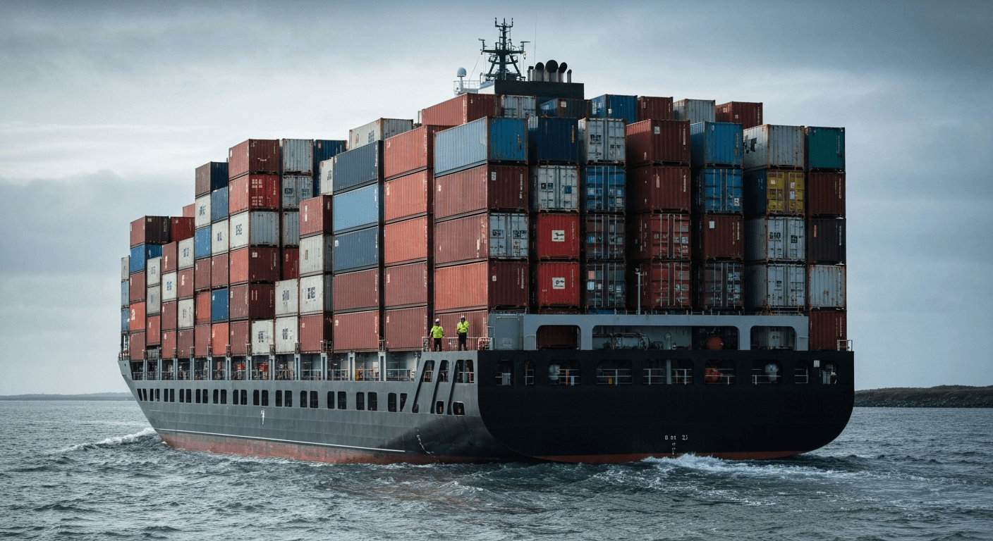 Containerskib på havet med tydelige rækker af containere på dækket.