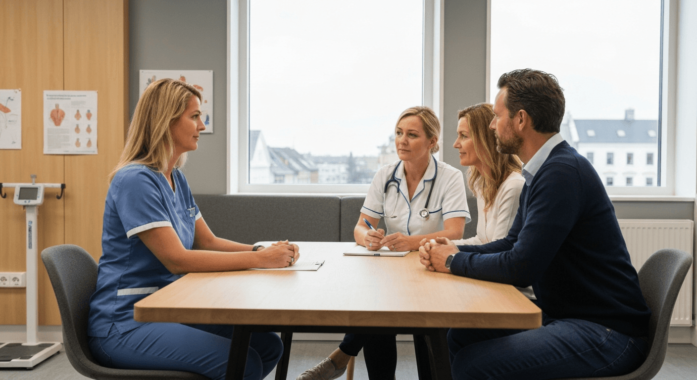 Sundhedsplejerske i samtale med forældre om barnets trivsel og udvikling