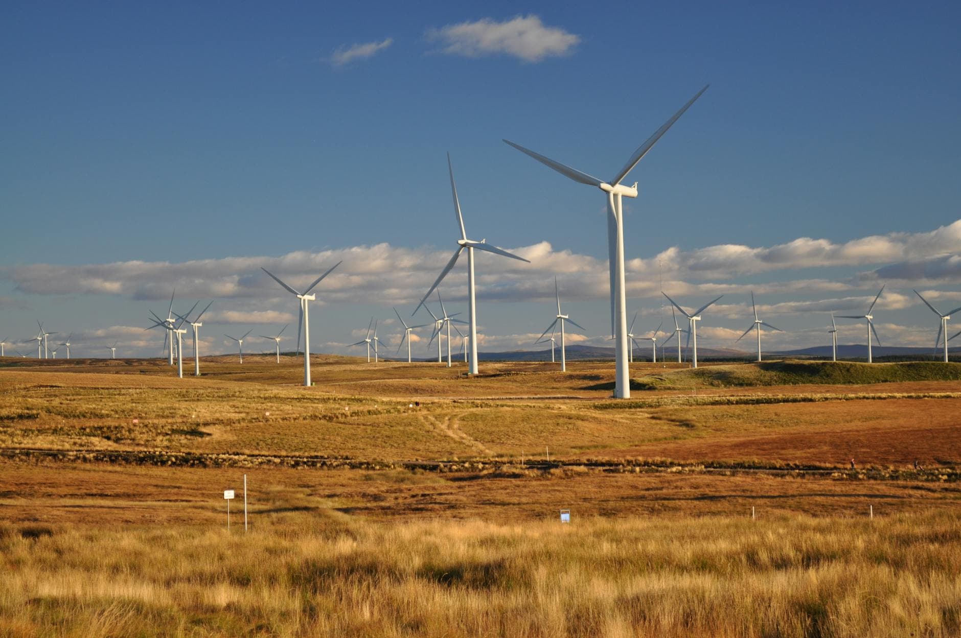 Wind farm in Eaglesham, Scotland showcasing renewable energy and sustainability.
