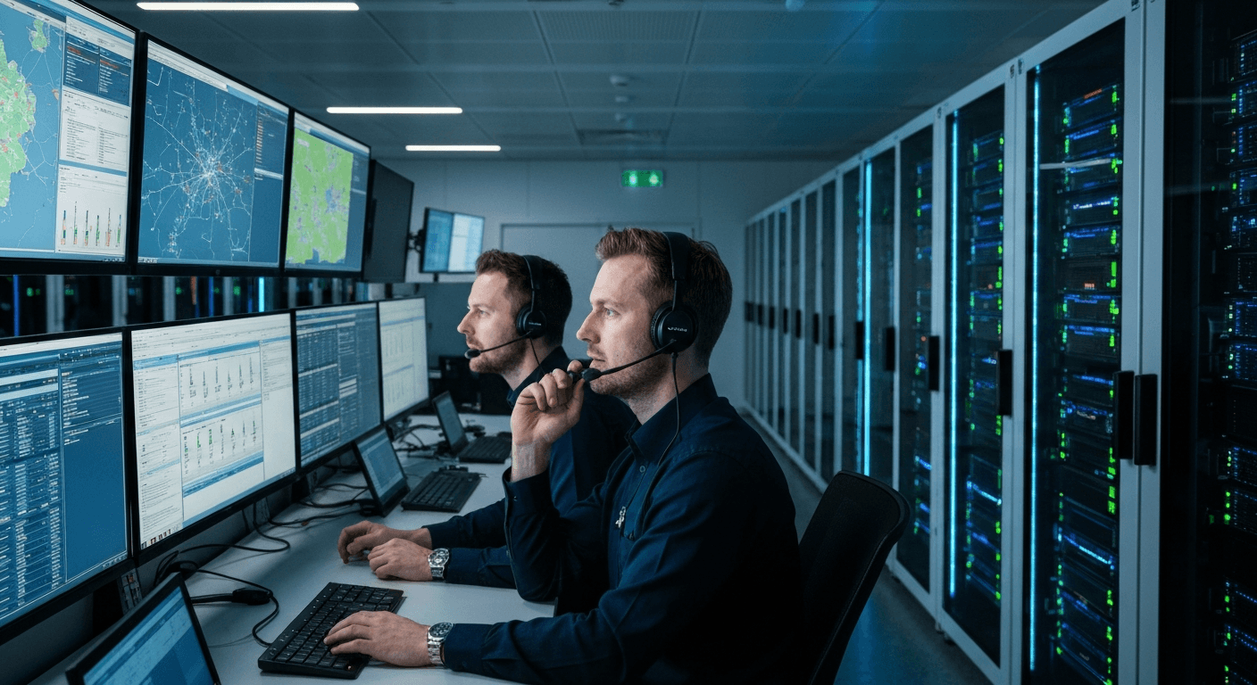Teknikere i serverrum overvåger netværkssikkerhed og sikrer døgnbemandet kontakt til myndighederne.