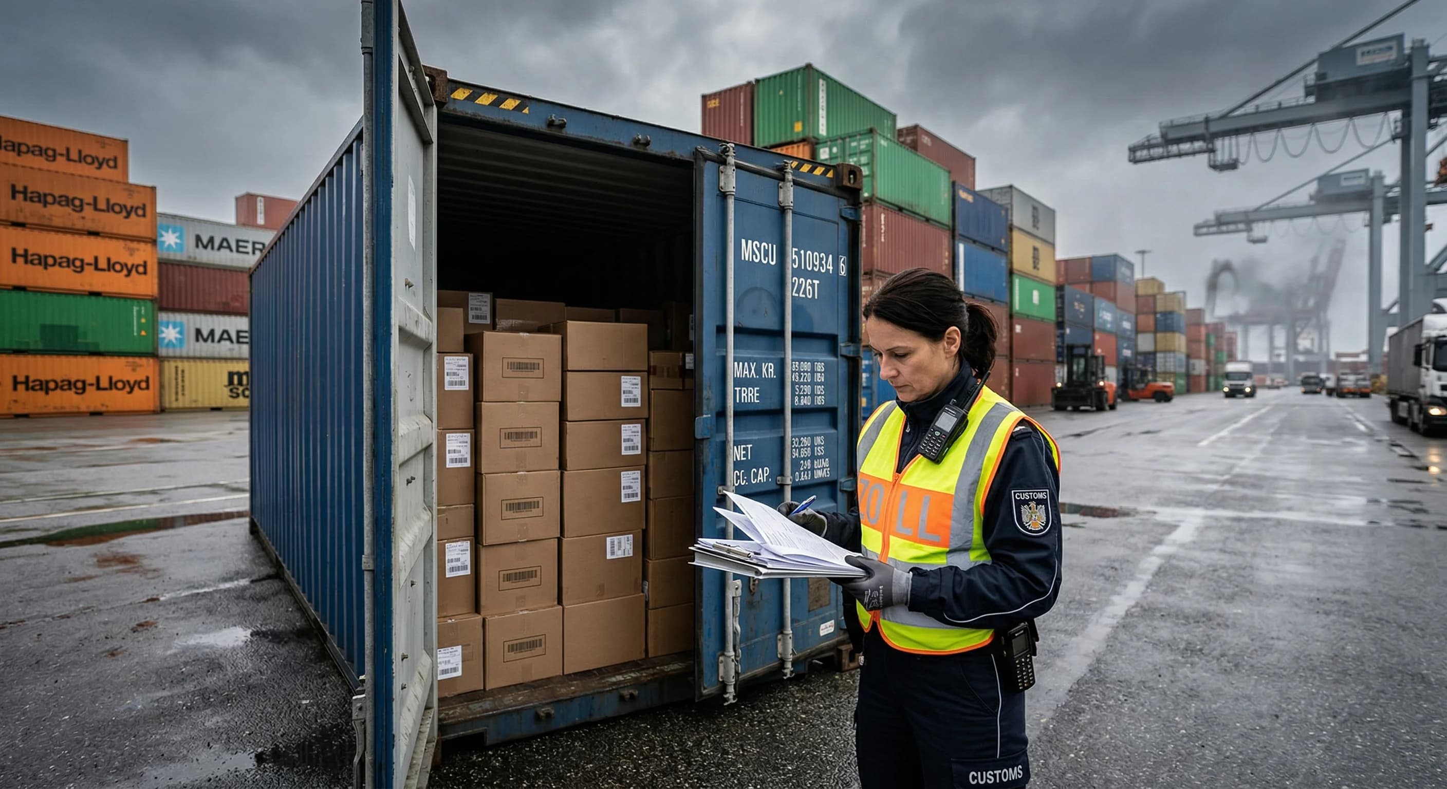 A dramatic, photorealistic scene of European customs officers in reflective gear inspecting cargo containers at a busy commercial port at dusk. High contrast lighting with cold blue and stark white to