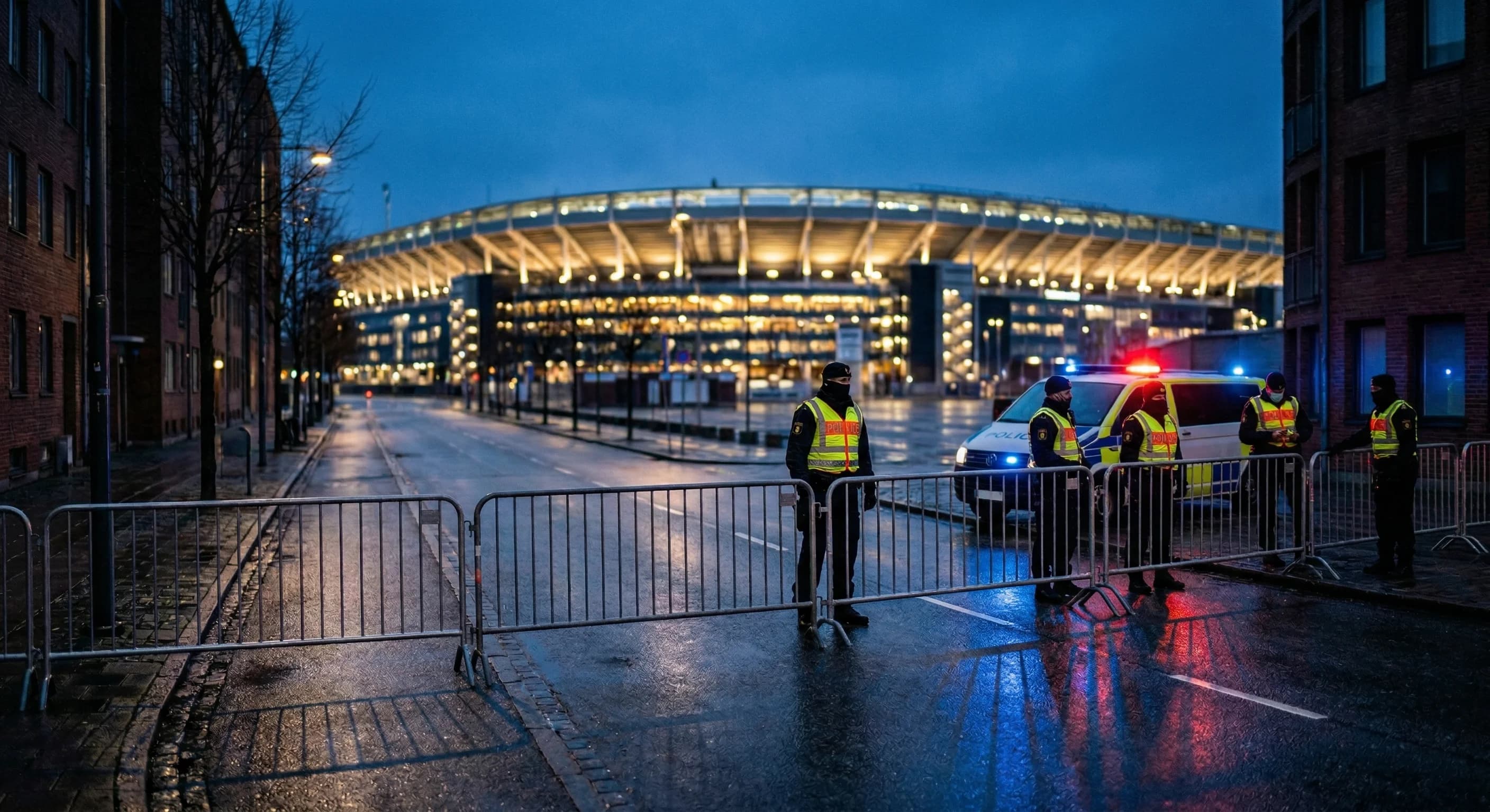 Politibetjente og røg fra romerlys ved et dansk fodboldstadion.