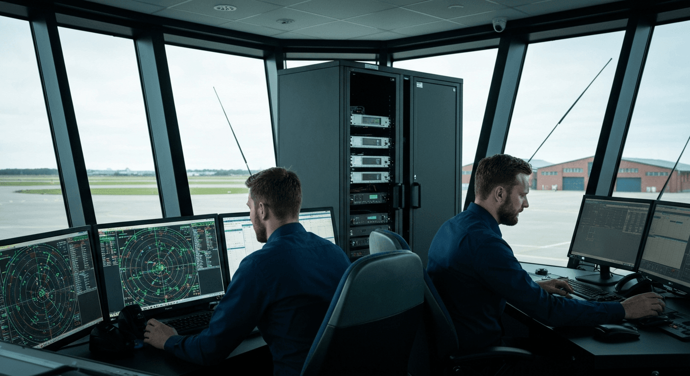 Flyveledere i et kontroltårn overvåger flytrafikken på skærme med udstyr til rekordering.