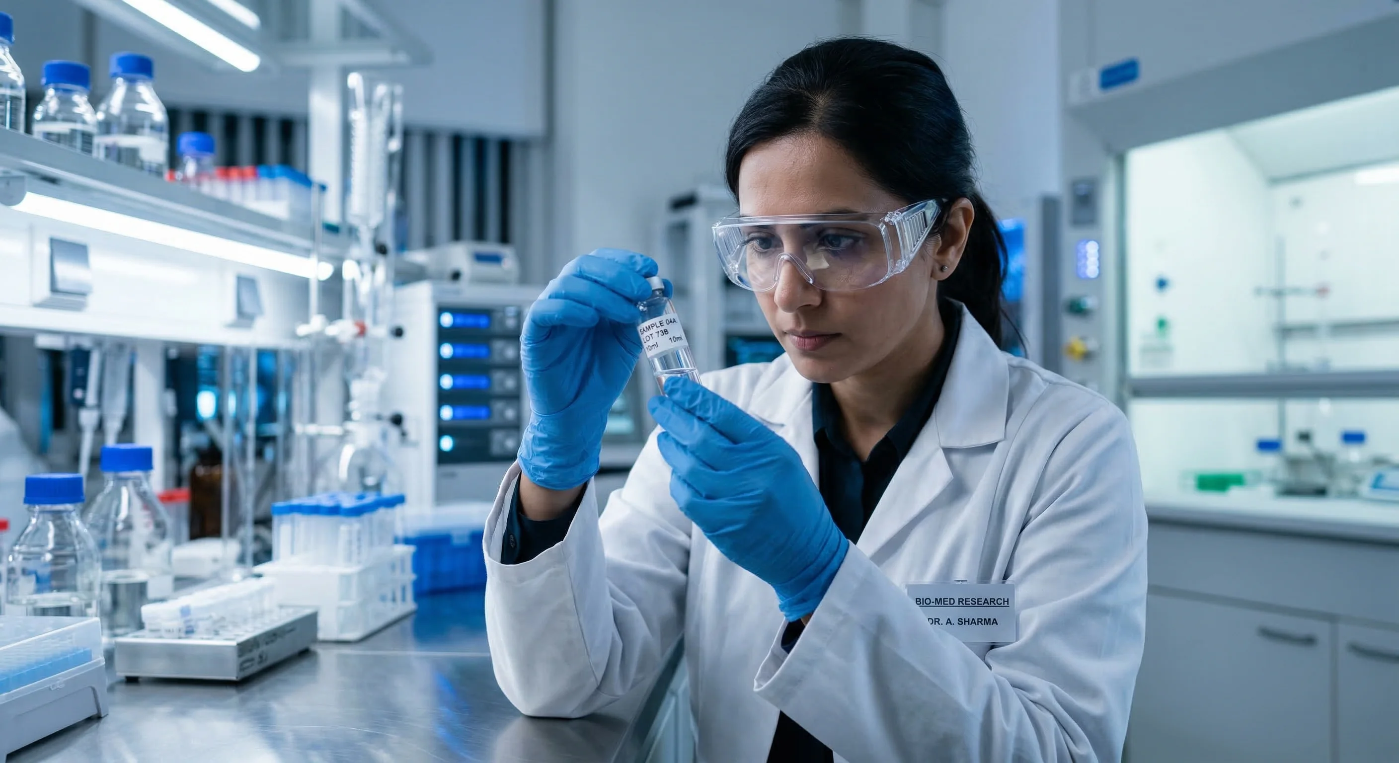 A close-up photograph of a professional scientist in a high-tech laboratory, wearing protective safety goggles and blue nitrile gloves while inspecting a glass vial. The background is softly blurred w