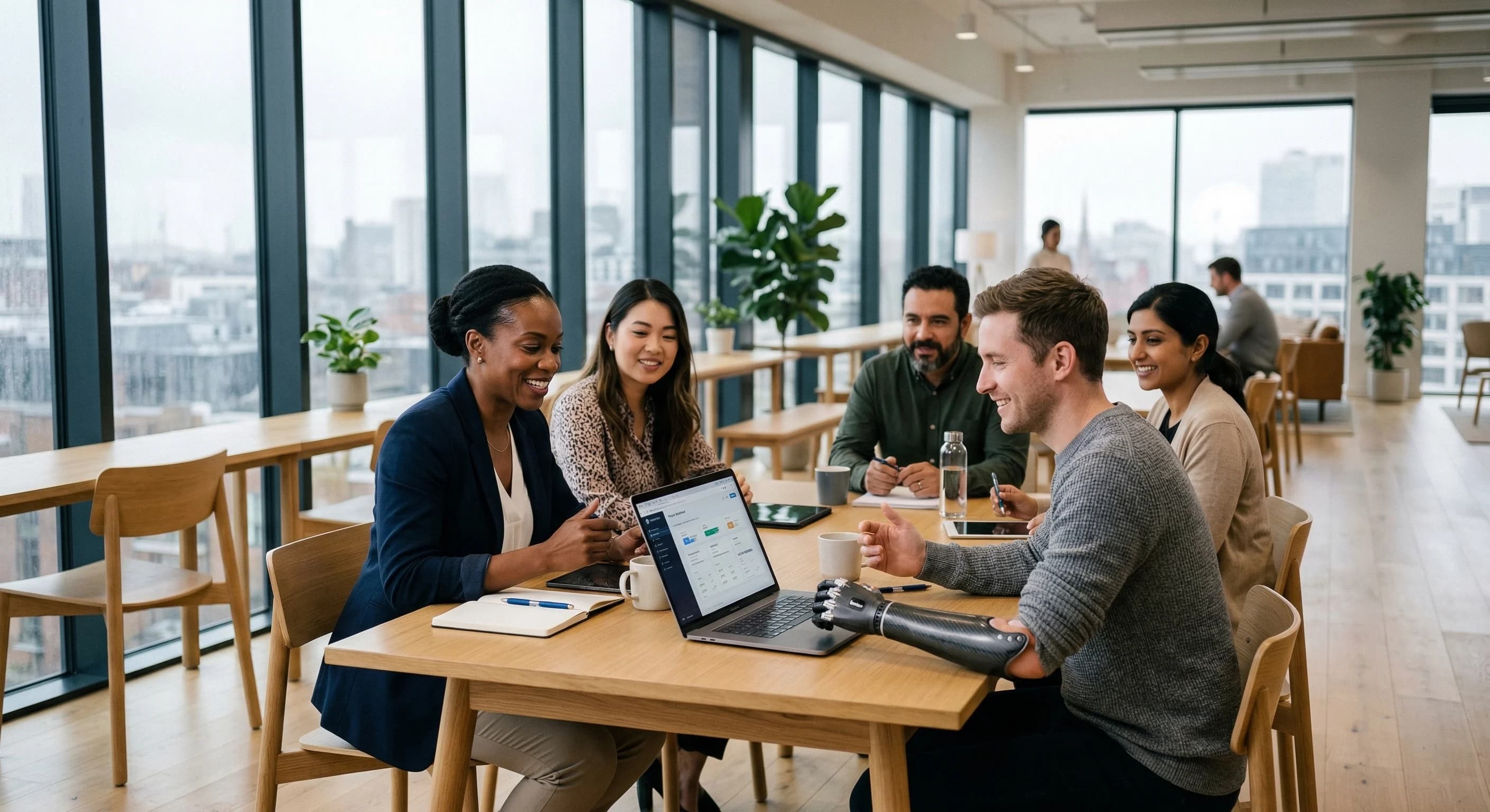 Photorealistic photography of a bright, modern Scandinavian-style office with light oak furniture and large windows overlooking a grey sky. A diverse professional team, including a woman in business a