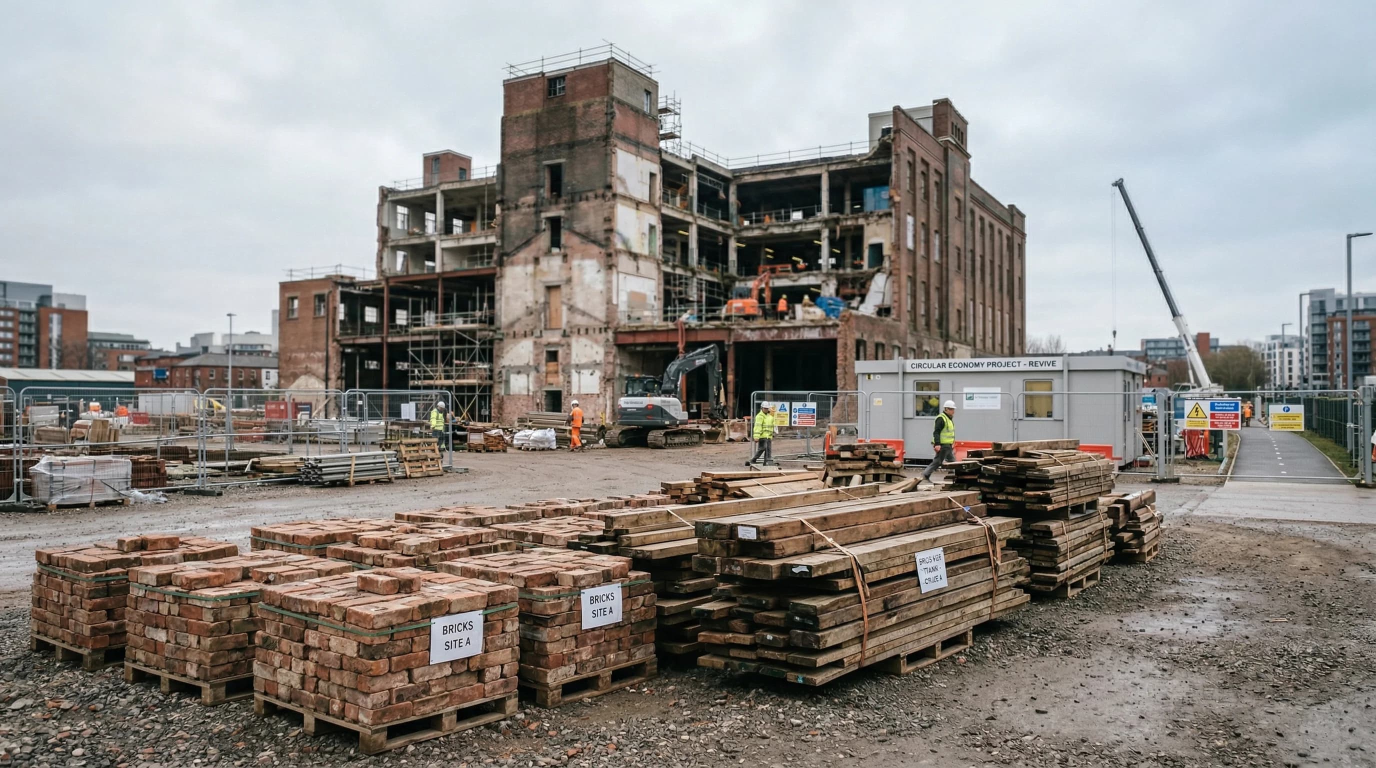 A photorealistic wide landscape shot of a modern European construction site focusing on circular building practices. In the foreground, neatly stacked pallets of reclaimed red bricks and sorted timber