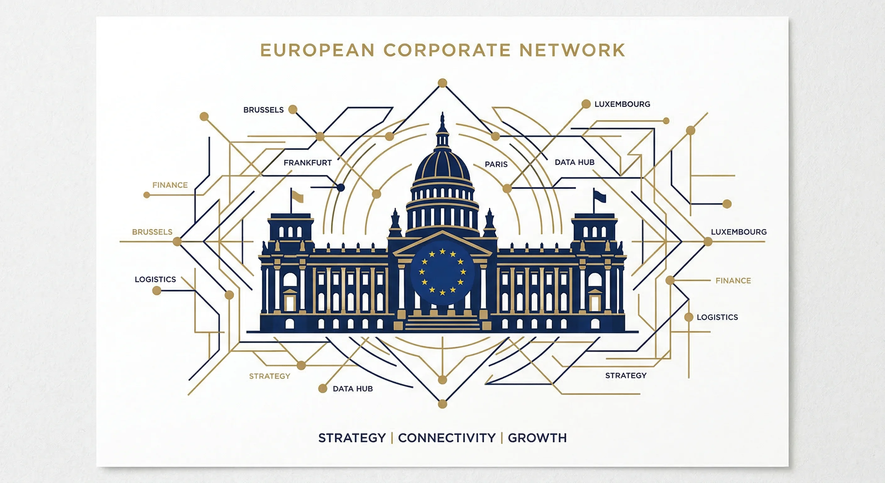 A clean editorial illustration with a limited color palette of navy blue, gold, and white. The central subject is a stylized building silhouette with a European flag motif, surrounded by interconnecte