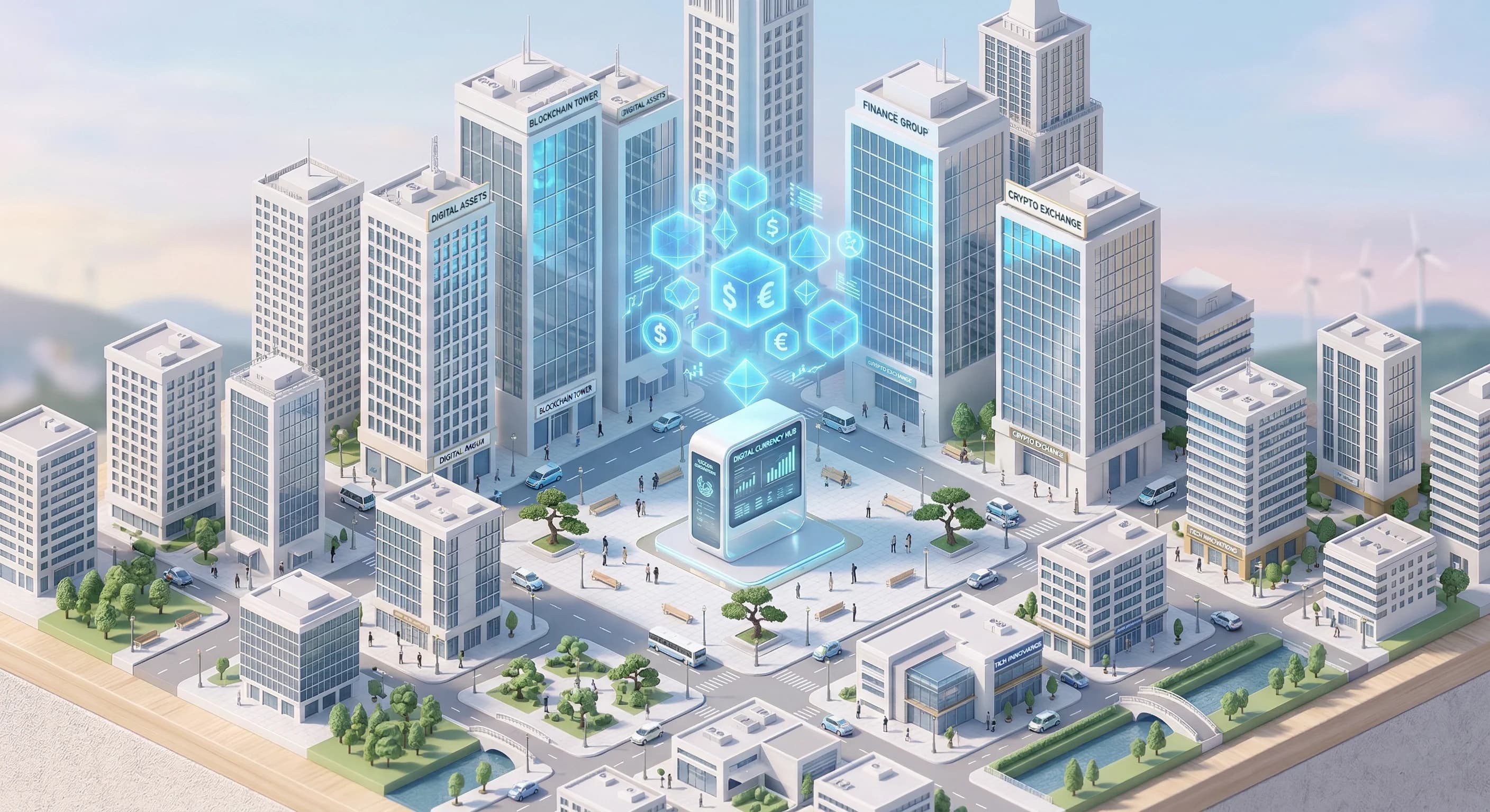An isometric 3D scene depicting a miniature modern financial district with clean white buildings and glass facades. Hovering above a central digital kiosk are glowing translucent blue geometric shapes