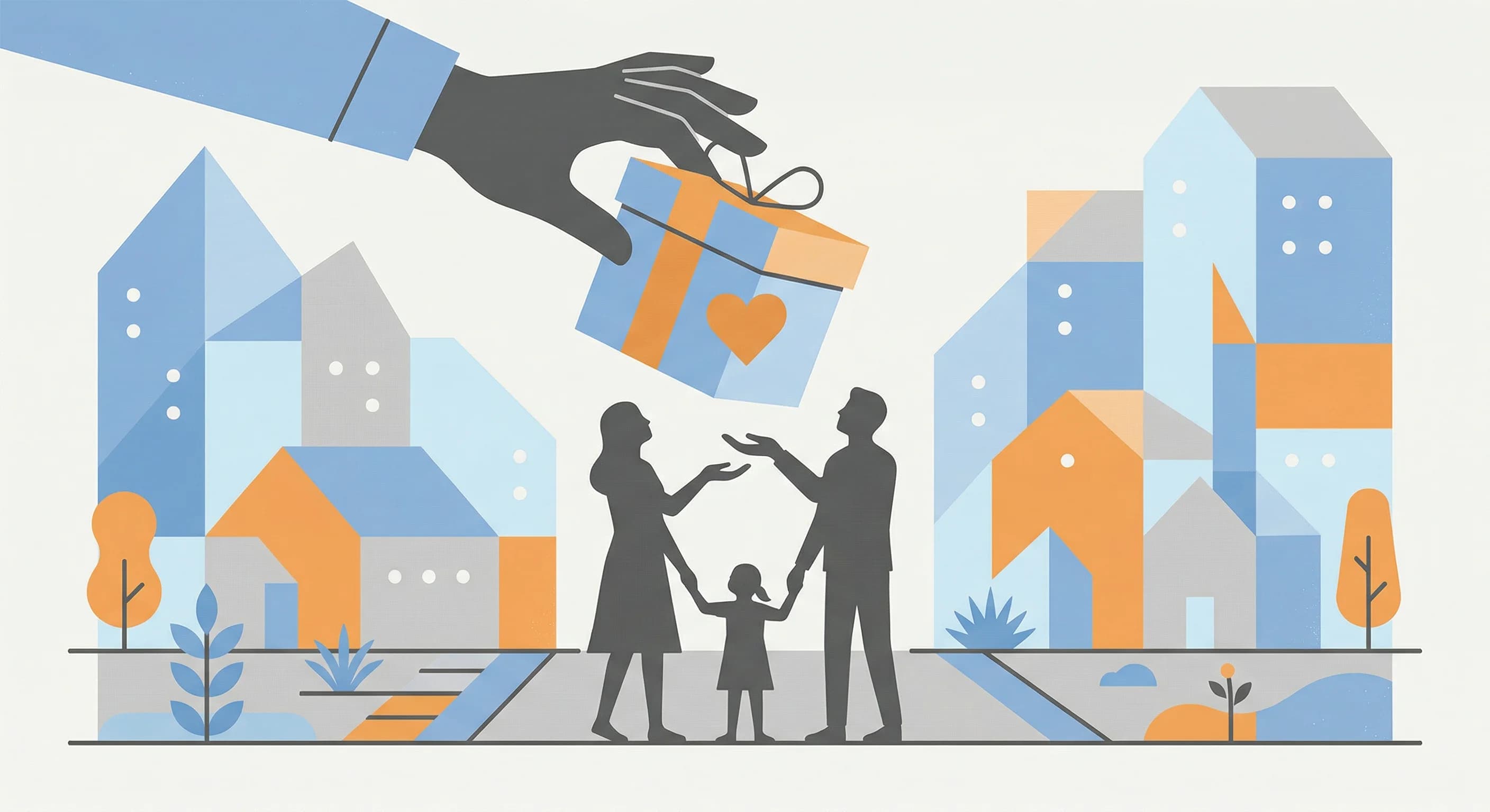 A minimalist editorial illustration using a limited palette of soft blue, warm orange, and gray. The scene depicts a stylized gift box with a heart symbol being placed into the hands of a small family