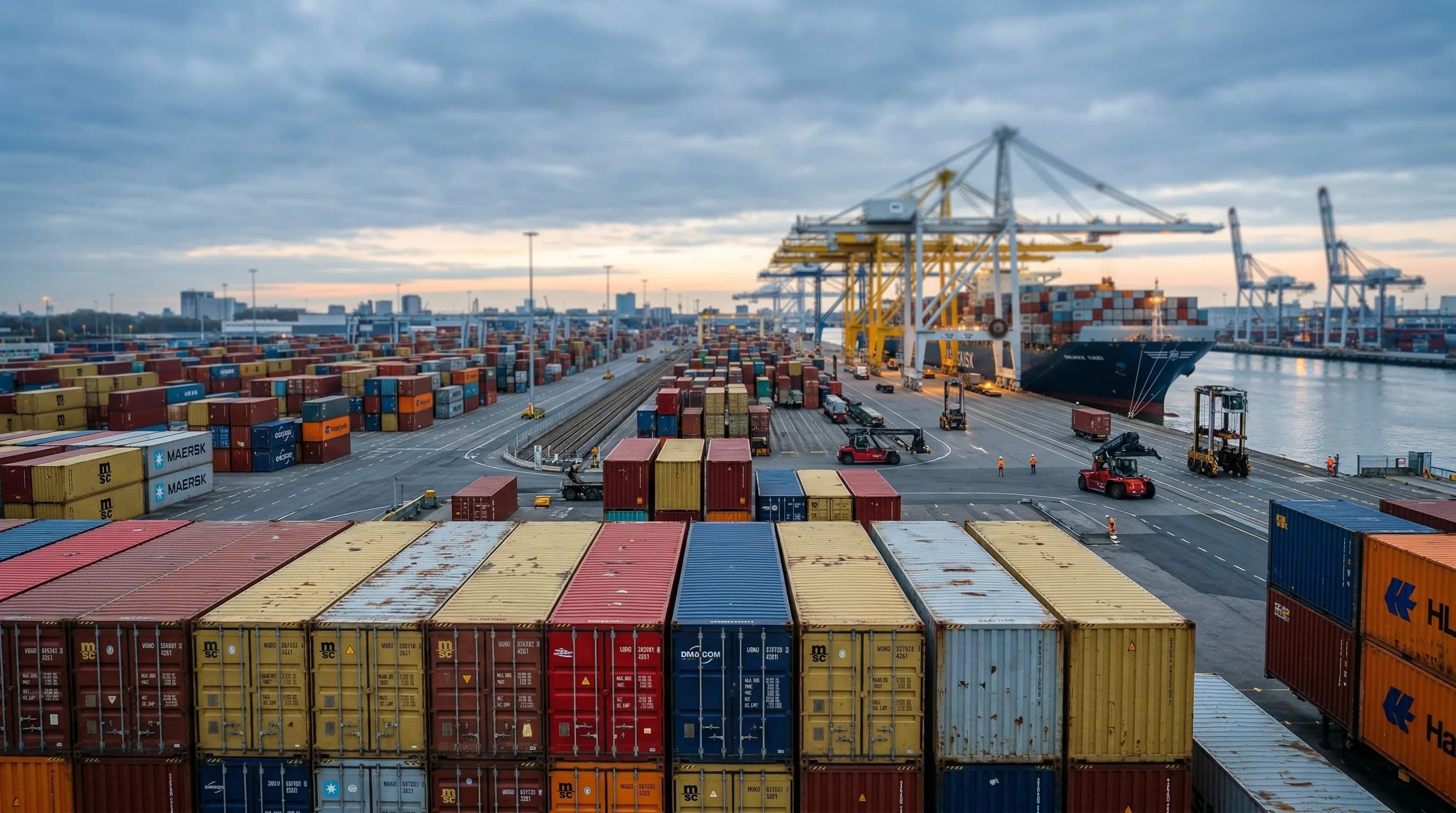 A photorealistic wide-angle shot of a bustling European cargo port at dawn. Rows of brightly colored shipping containers are stacked neatly, while large industrial cranes loom in the background agains