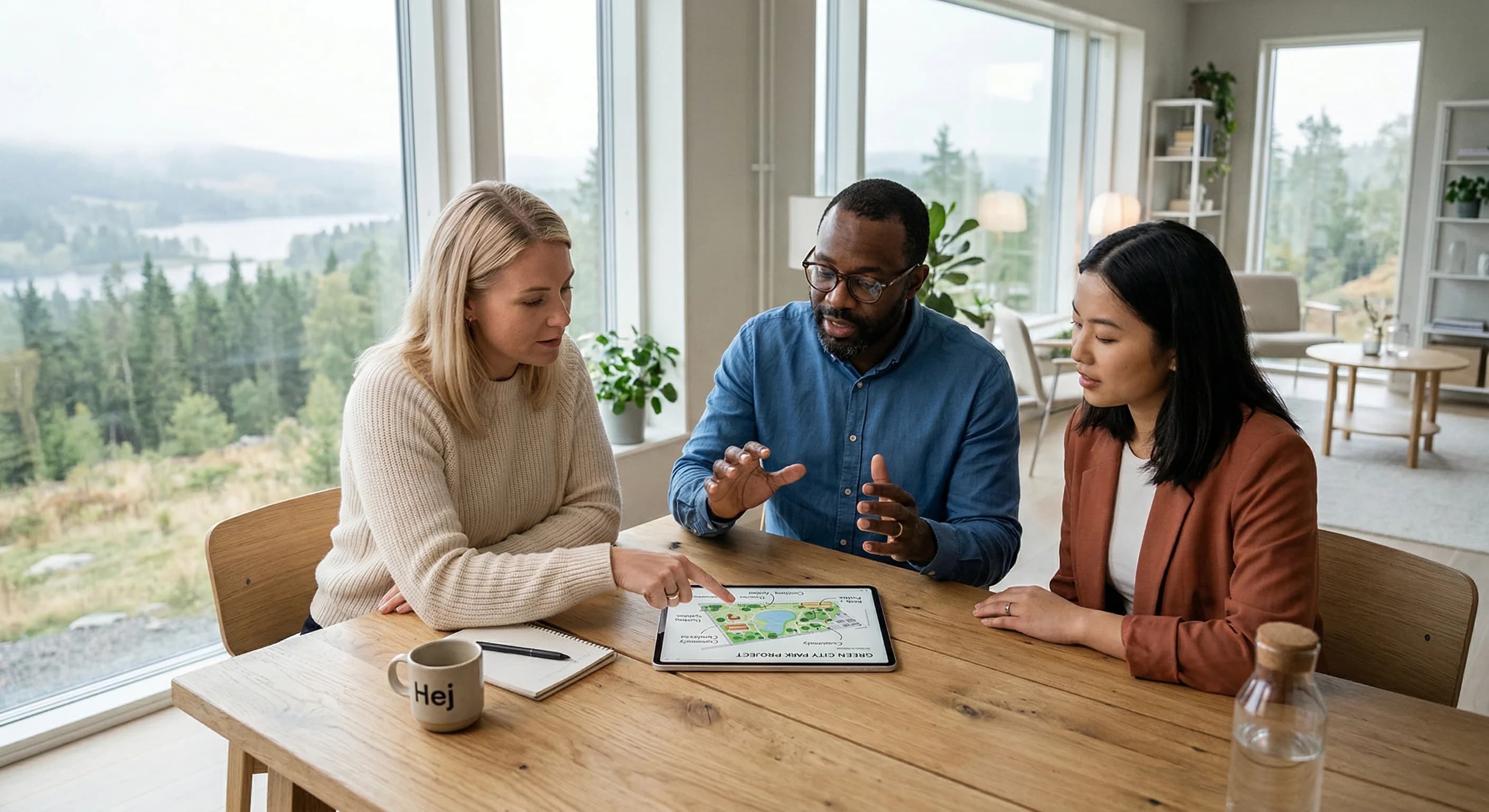 A photorealistic scene of a bright, modern Scandinavian-style office with light oak furniture and large windows overlooking a misty Northern European landscape. Three diverse professionals are gathere