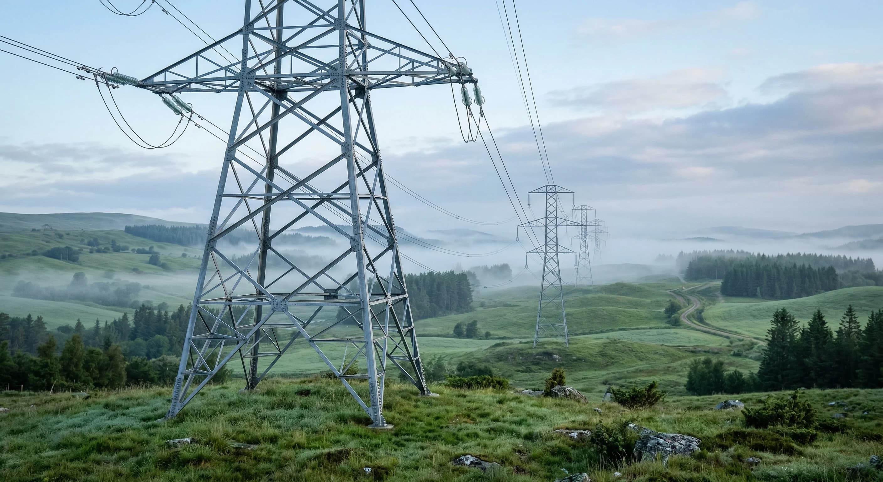 A photorealistic shot of tall steel electricity pylons marching across a rolling green Scandinavian landscape under a soft morning mist. The lighting is natural and cool-toned, with a shallow depth of