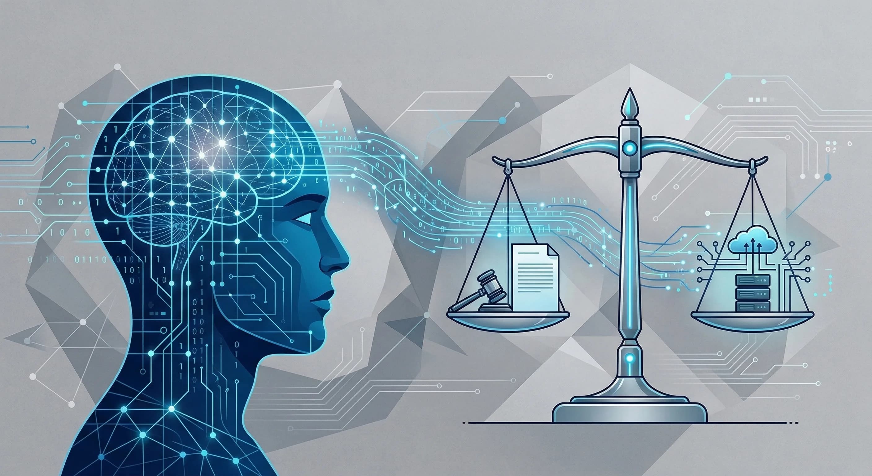 An editorial illustration depicting the intersection of technology and law. A stylized human profile in deep blue is overlaid with a glowing digital grid, facing a minimalist set of justice scales. Th