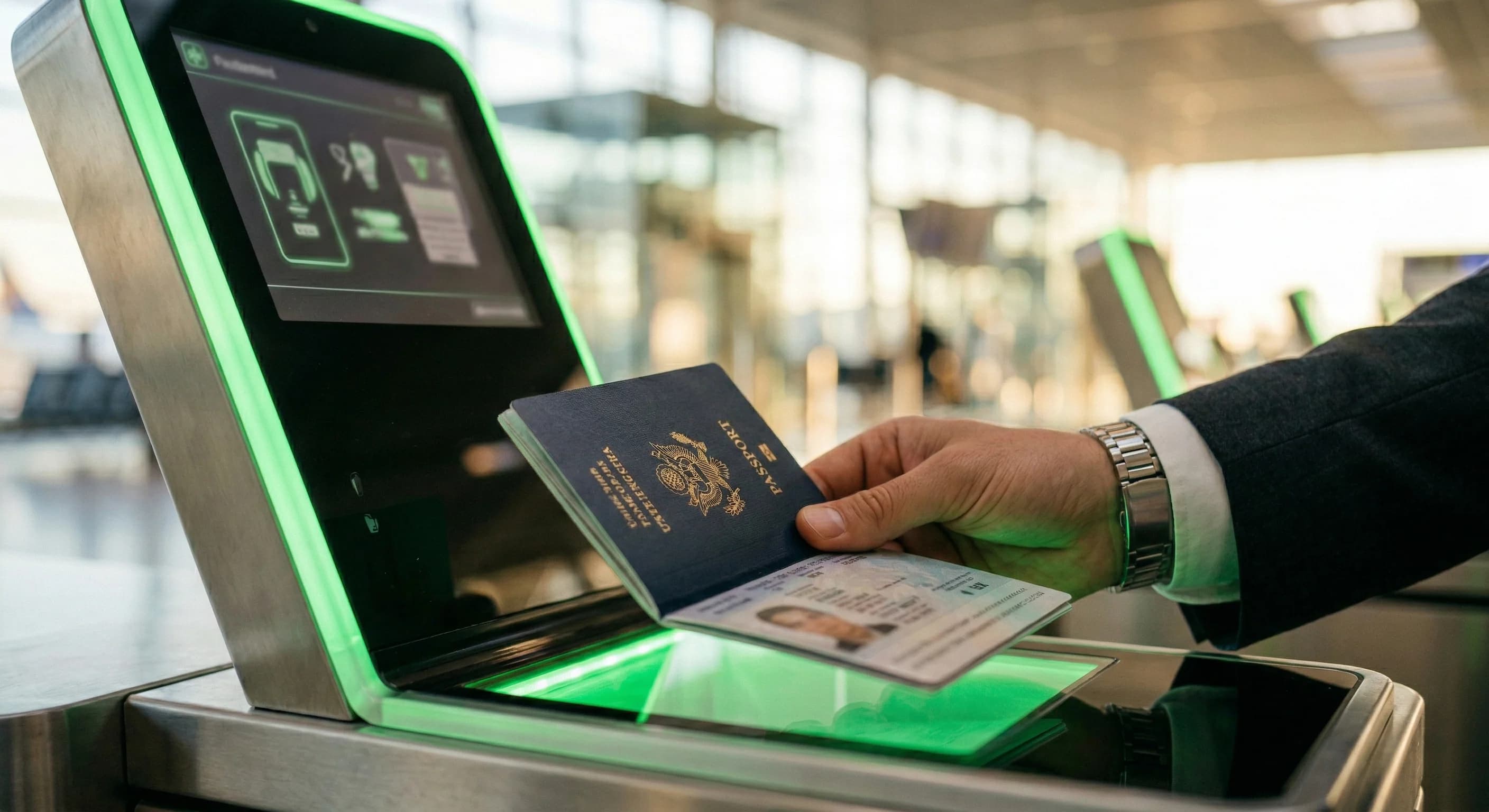 A close-up shot of a person in a tailored business suit scanning a sleek, generic passport on a modern glowing biometric reader at a European airport terminal. Soft, natural sunlight streams through l