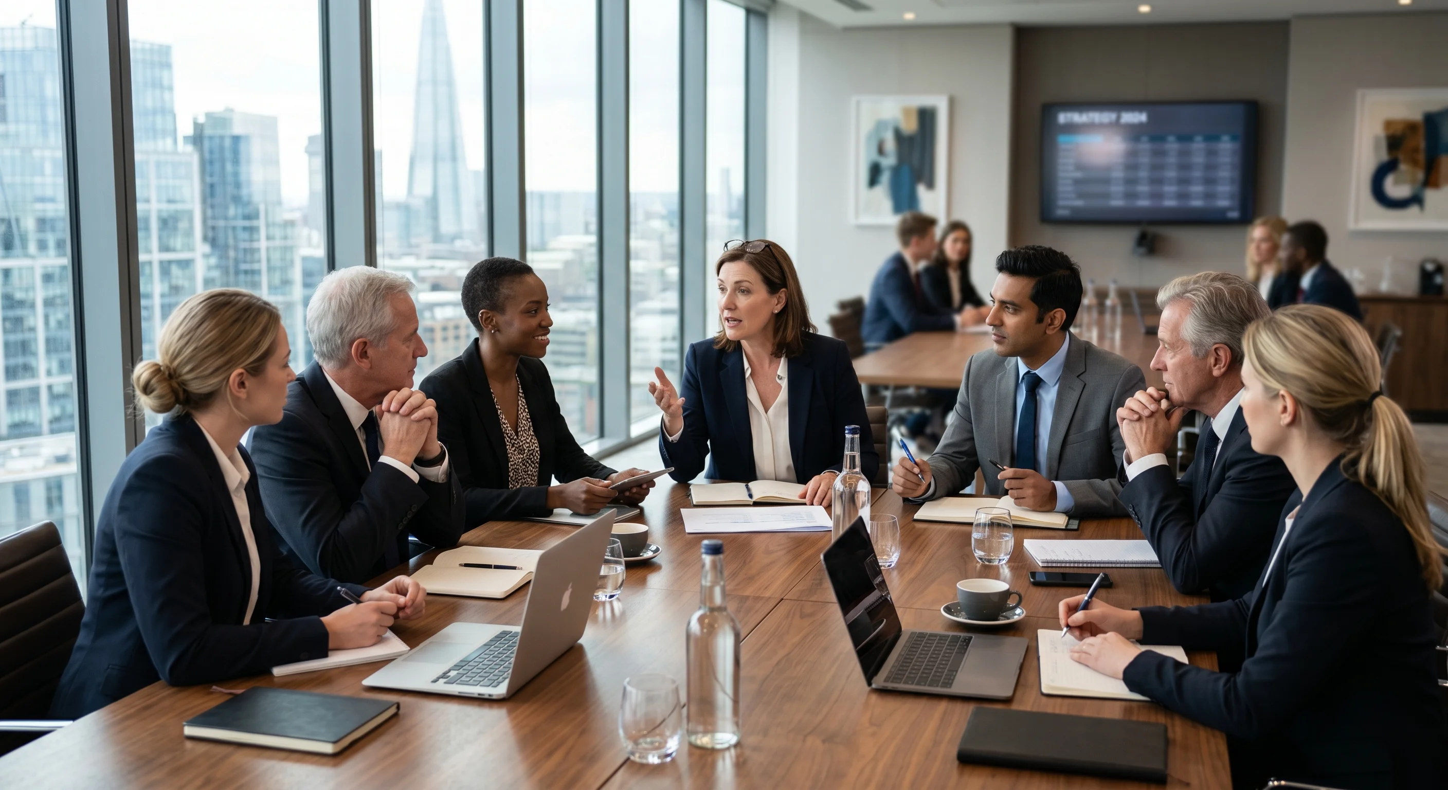 A photorealistic shot of a modern European corporate boardroom during a meeting. The camera focuses on a diverse mix of male and female executives in business attire discussing around a sleek wooden t