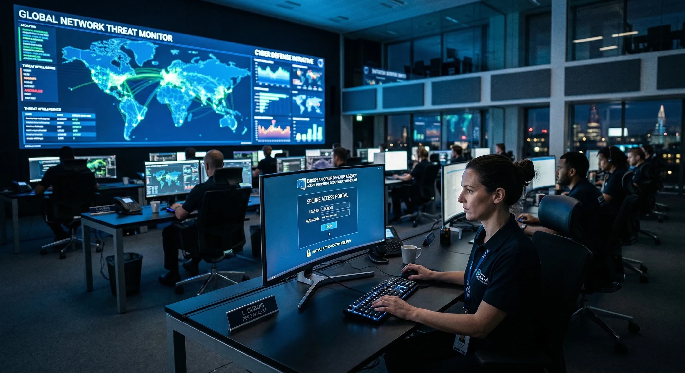 A wide-angle, photorealistic shot of a modern cybersecurity operations center in a European capital. On the wall, large digital displays show glowing blue maps of global network traffic and abstract d