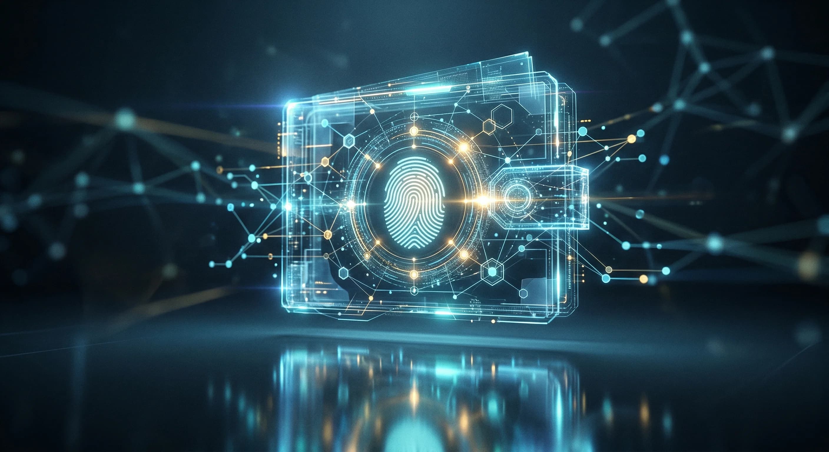 A glowing, futuristic abstract representation of a digital identity wallet floating above a sleek, reflective surface. Translucent holographic panels display streams of interconnected data nodes and g