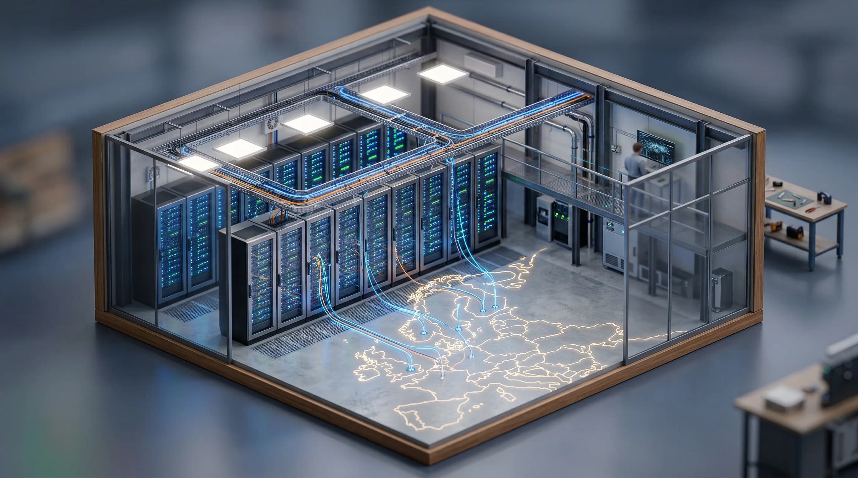 An isometric 3D diorama of a modern telecom server room representing data logging. Rows of sleek server racks with blinking blue and green lights sit under a soft overhead glow. Glowing fiber optic ca