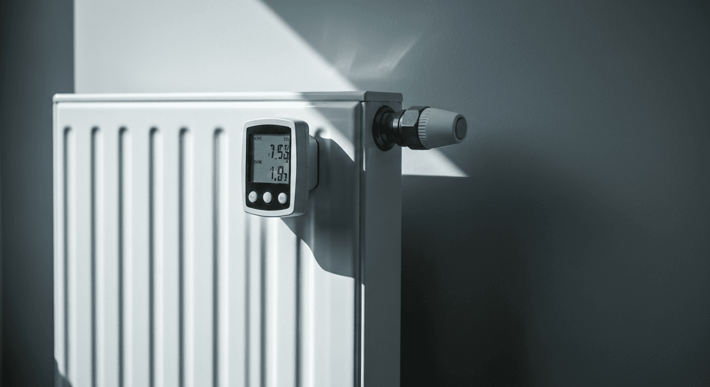 En radiatortermostat og en varmemåler i en bolig der illustrerer varmeforbrug