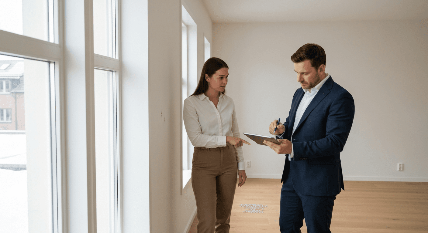 En udlejer gennemgår en fraflytningsrapport med en lejer i en tom lejlighed.