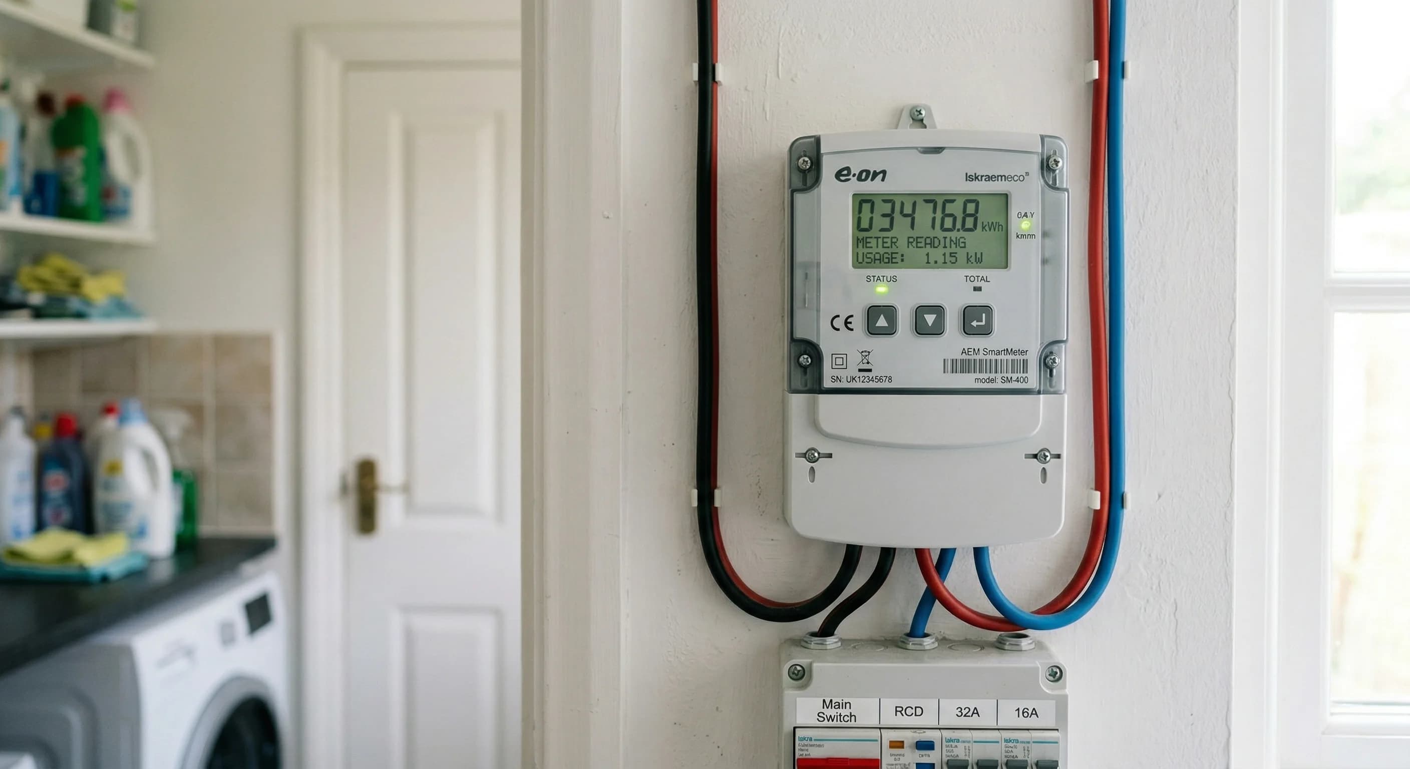 A photorealistic, close-up shot of a modern digital smart meter mounted on a clean white wall inside a Northern European home. Soft natural light from a side window creates a shallow depth of field, w
