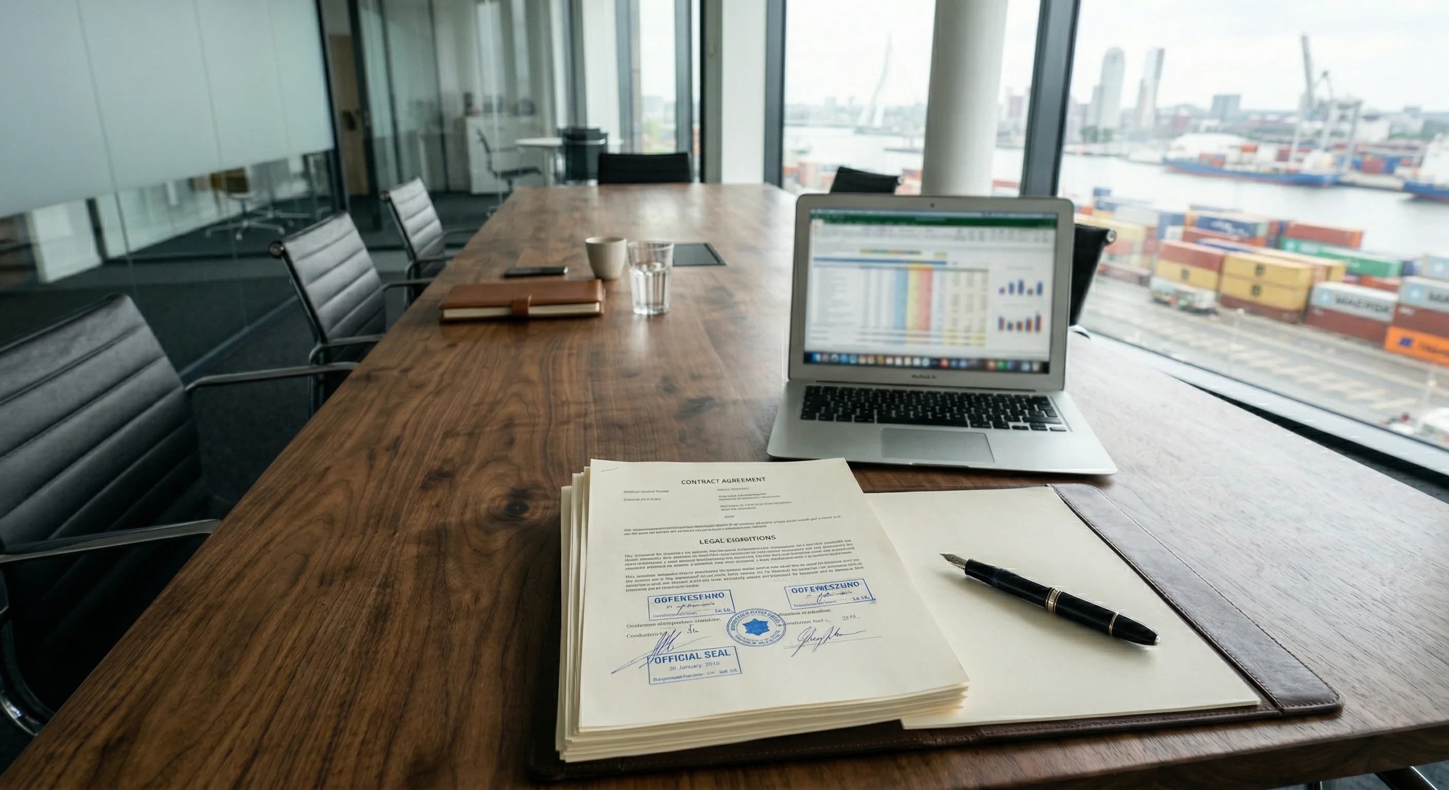 A high-angle photorealistic shot of a polished wooden boardroom table in a modern European office. On the table sits a stack of legal documents with official blue stamps and a fountain pen, with a blu
