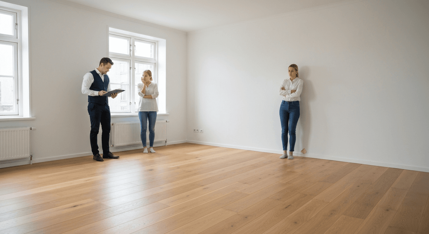 Tom lejlighed hvor udlejer og lejer gennemgår tilstanden ved fraflytning.